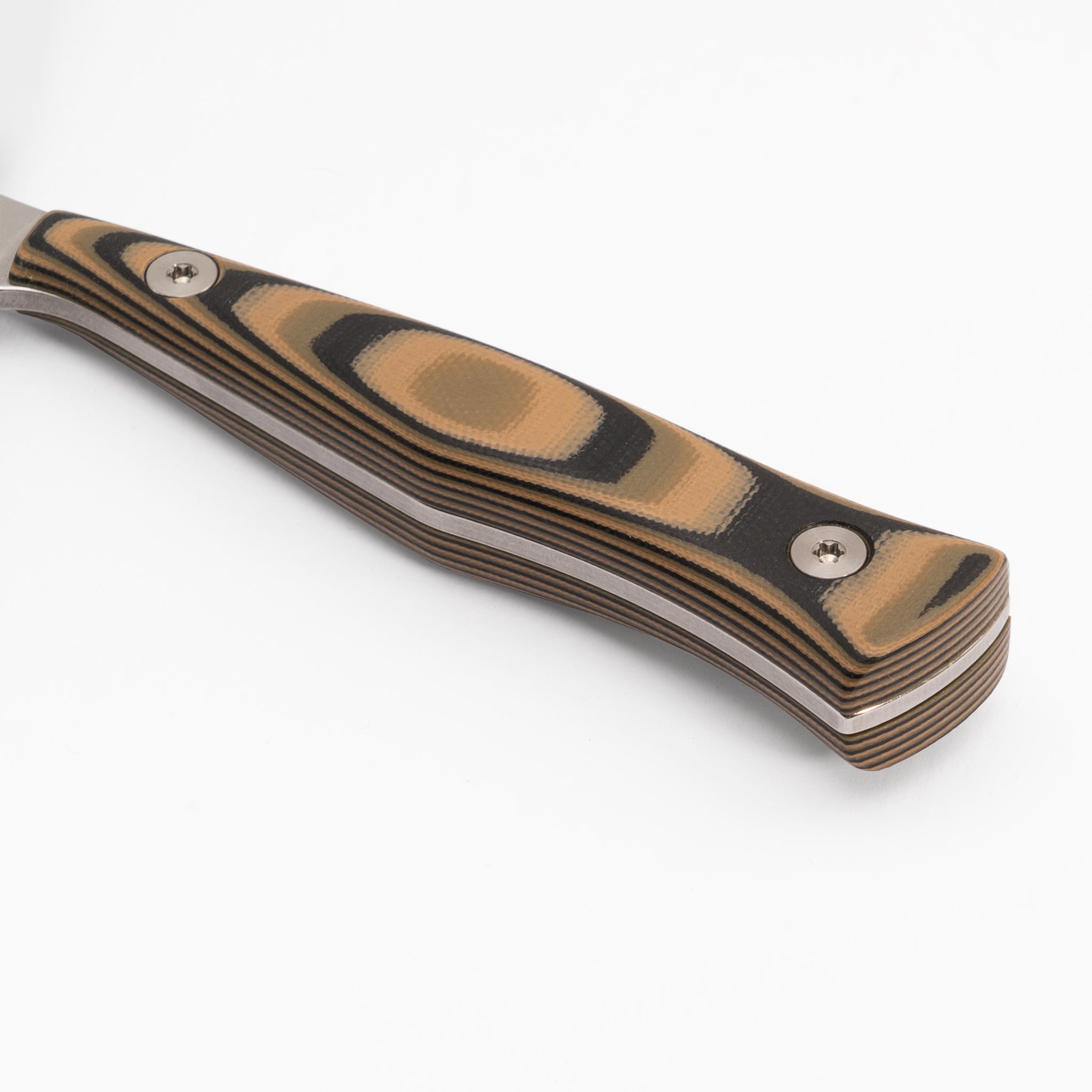 Detail photo of black, green, and tan burl G-10 kitchen knife handle Town Cutler