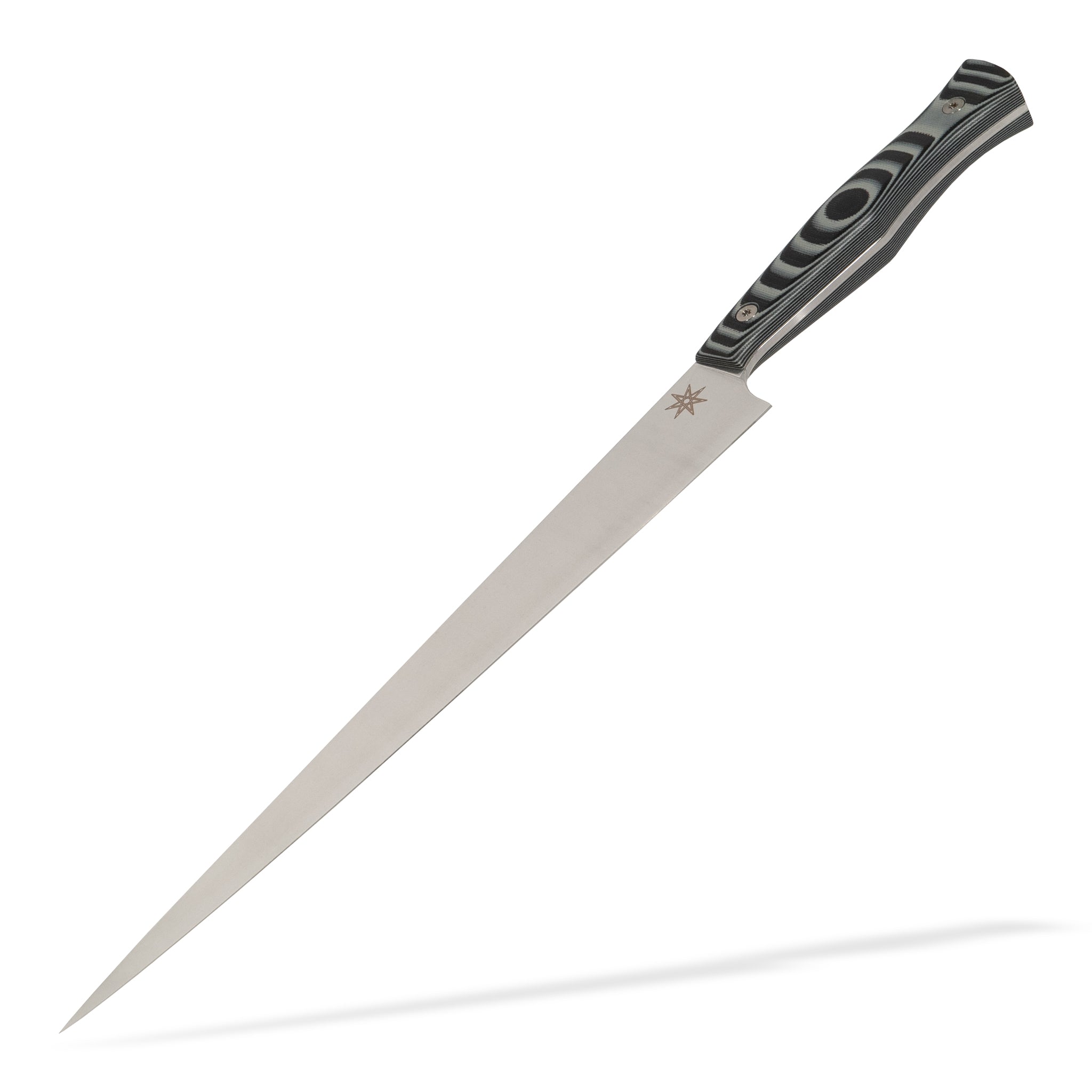 Stainless steel slicer carving knife with black and gray g-10 handle by Town Cutler.