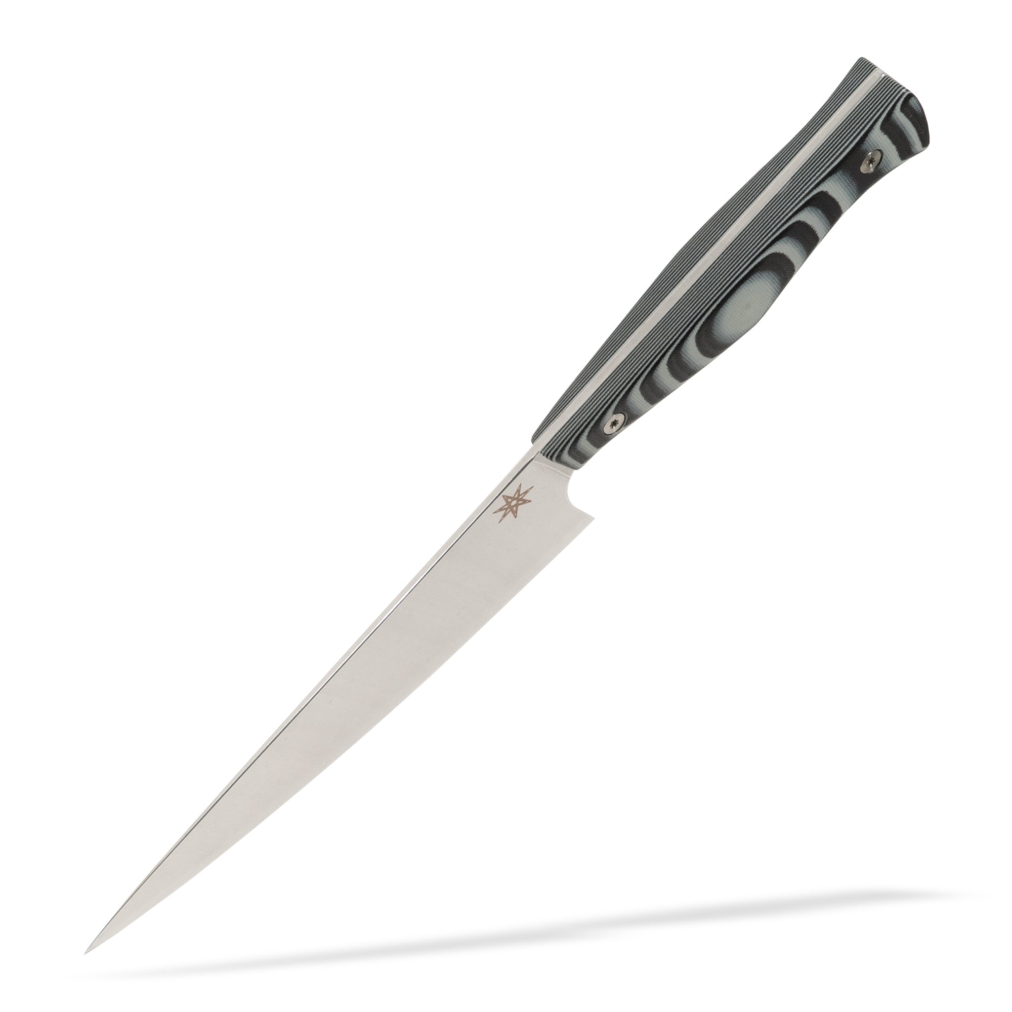 Detail view of Town Cutler Culinary 2.0 7" chef knife with black and gray layered g-10 handle and stainless steel blade.