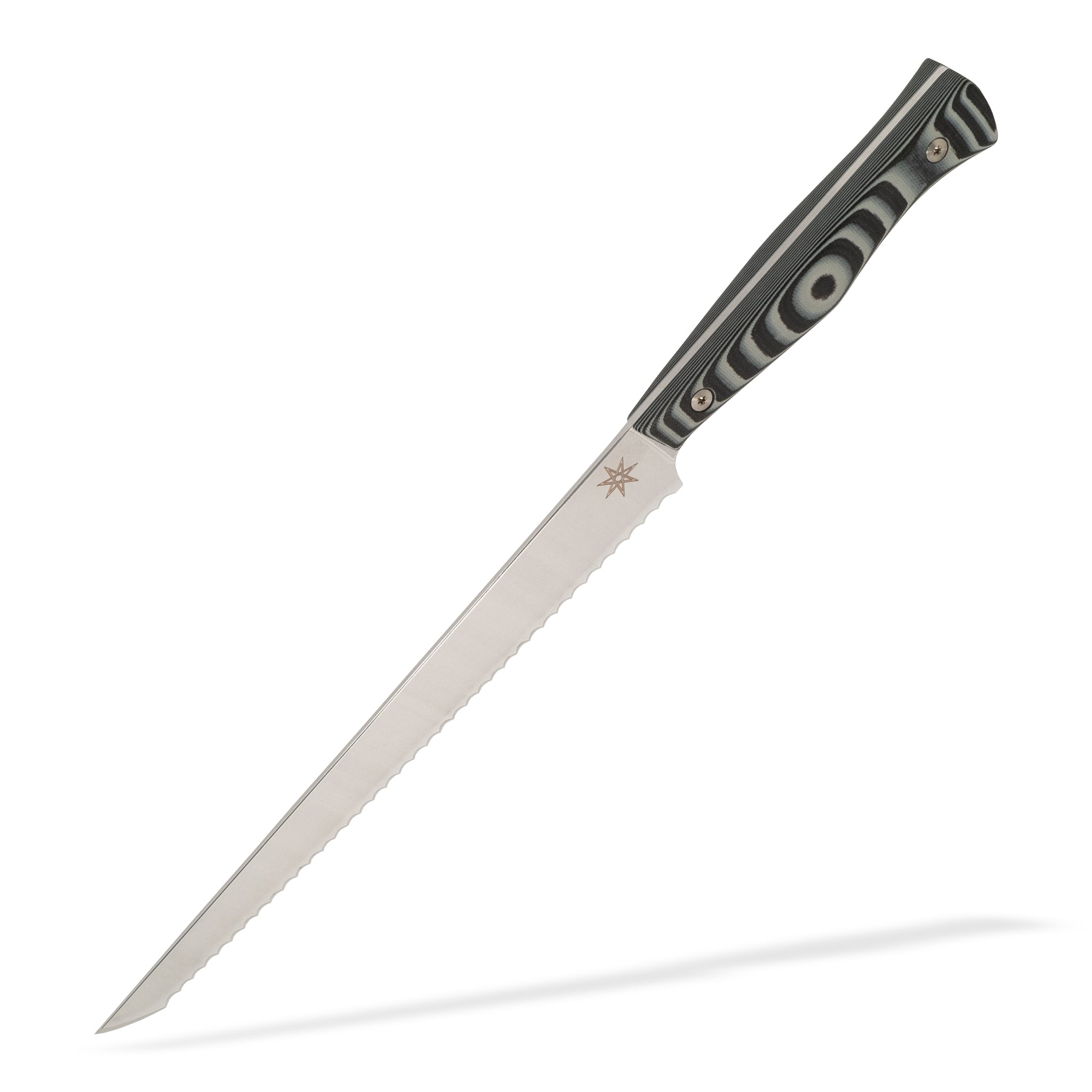 Detail view of Town Cutler Culinary 2.0 Scimitar bread knife with black and gray layered g-10 handle and stainless steel blade.