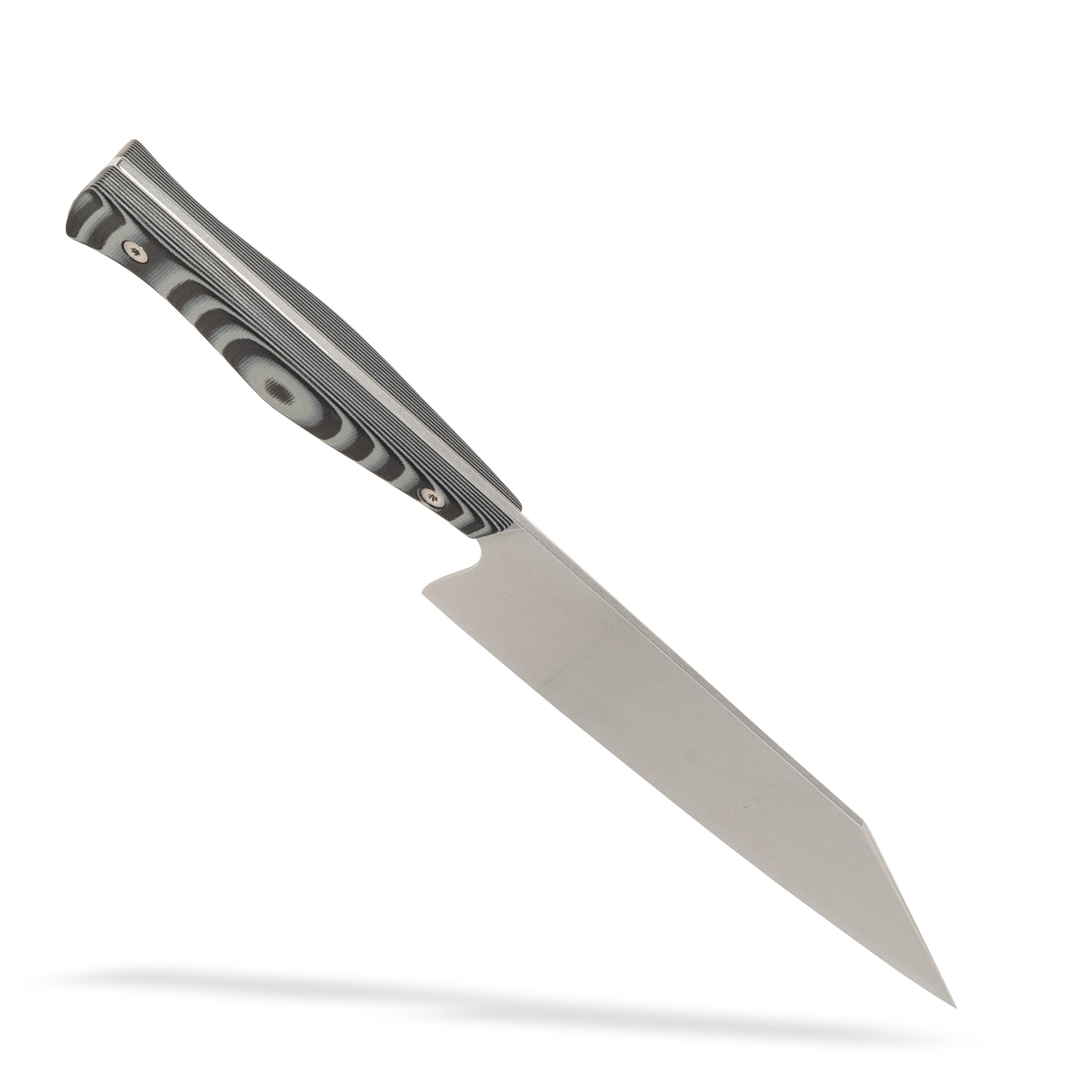 Detail view of Town Cutler Culinary 2.0 chopper kitchen knife with black and gray layered g-10 handle and stainless steel blade.