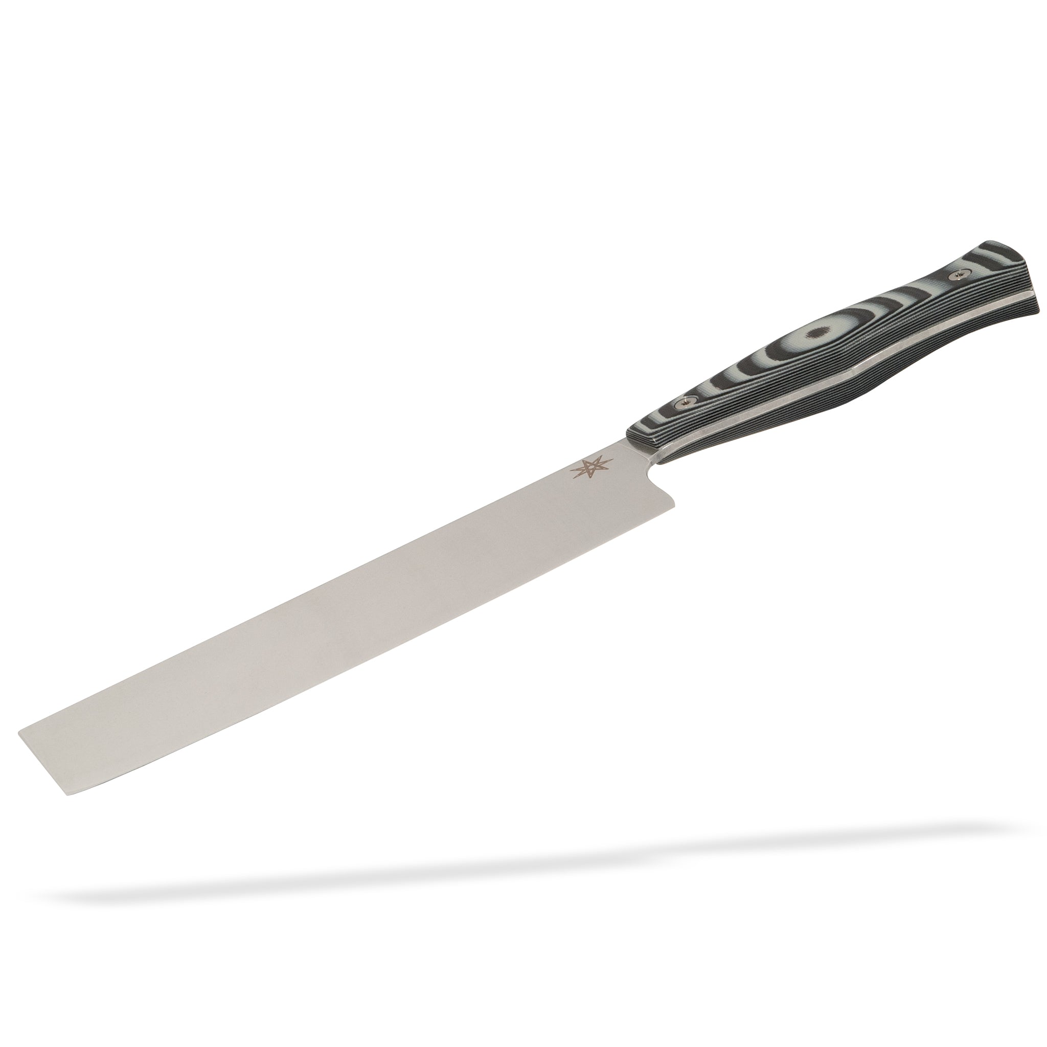 Detail view of Town Cutler Culinary 2.0 nakiri vegetable knife with black and gray layered g-10 handle and stainless steel blade.