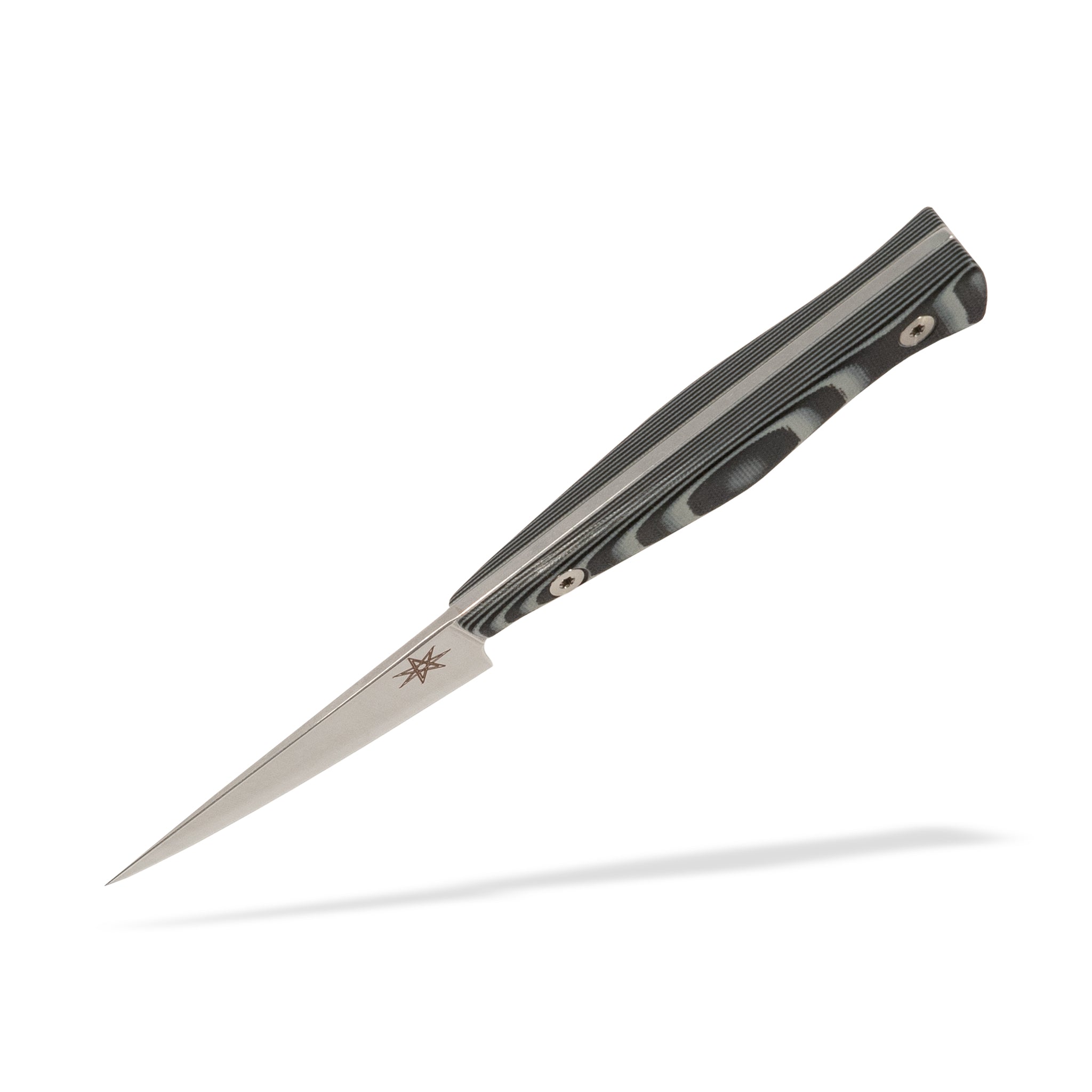 Detail view of Town Cutler Culinary 2.0 kitchen paring knife with black and gray layered g-10 handle and stainless steel blade.