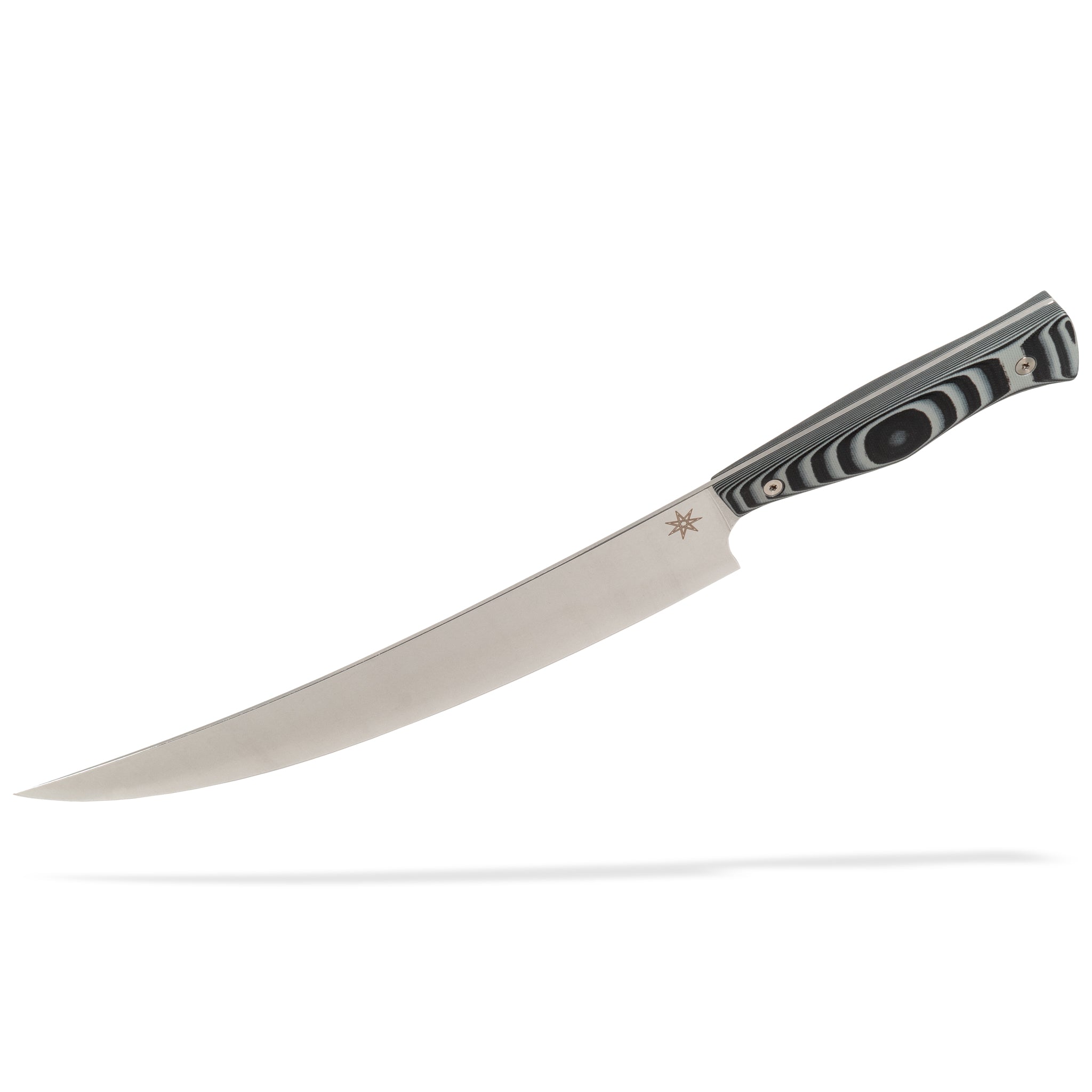 Detail view of Town Cutler Culinary 2.0 Scimitar butcher knife with black and gray layered g-10 handle and stainless steel blade.