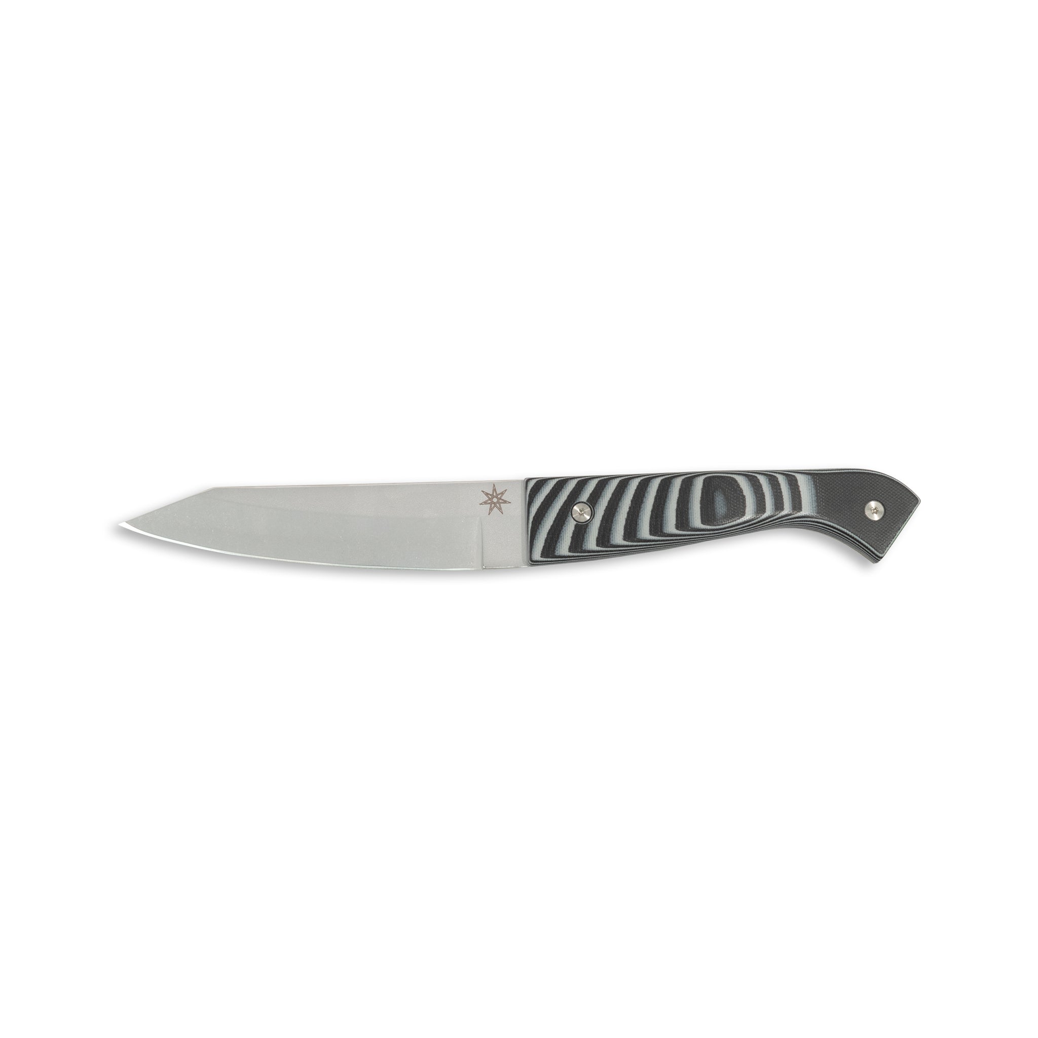 6" hankotsu boning knife with stainless steel blade and black and gray g-10 handle.