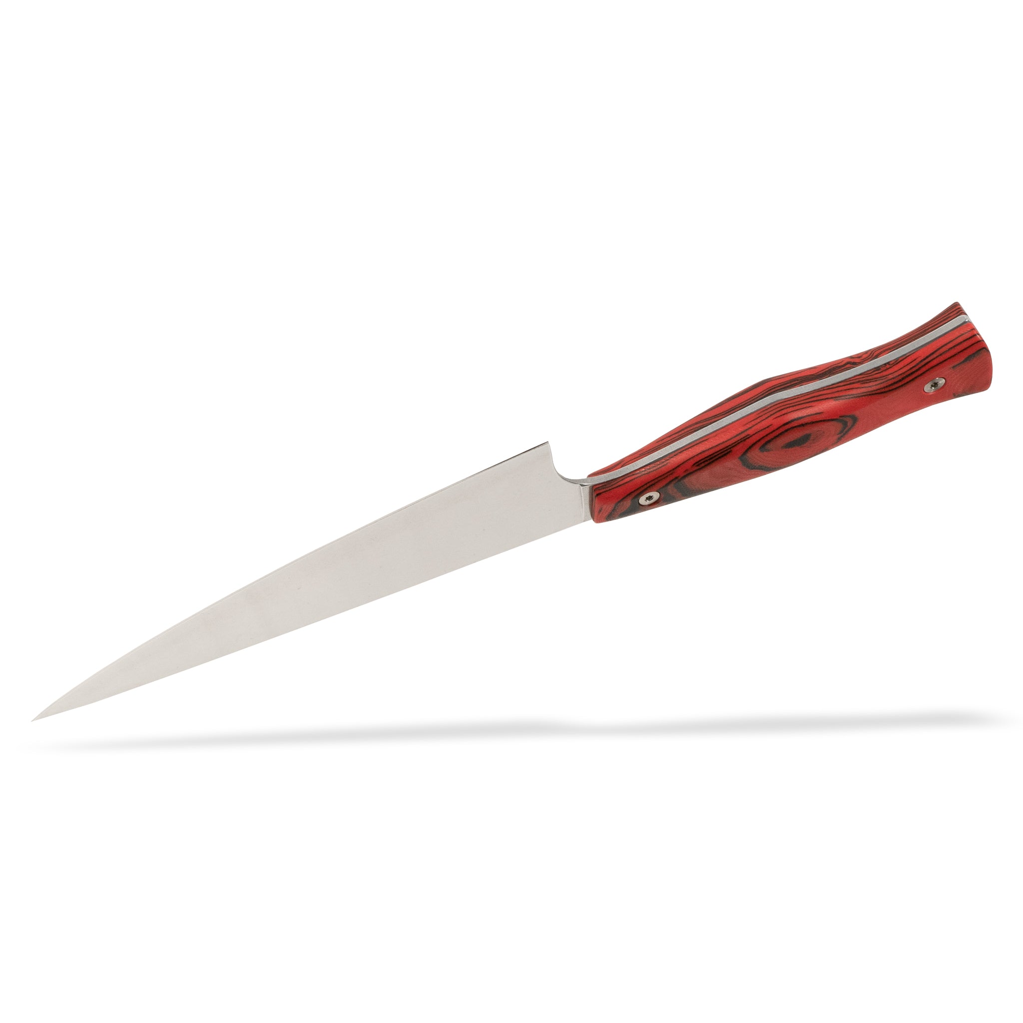 Detail view of Town Cutler Culinary 2.0 7" chef knife with red and black burl g-10 handle and stainless steel blade.