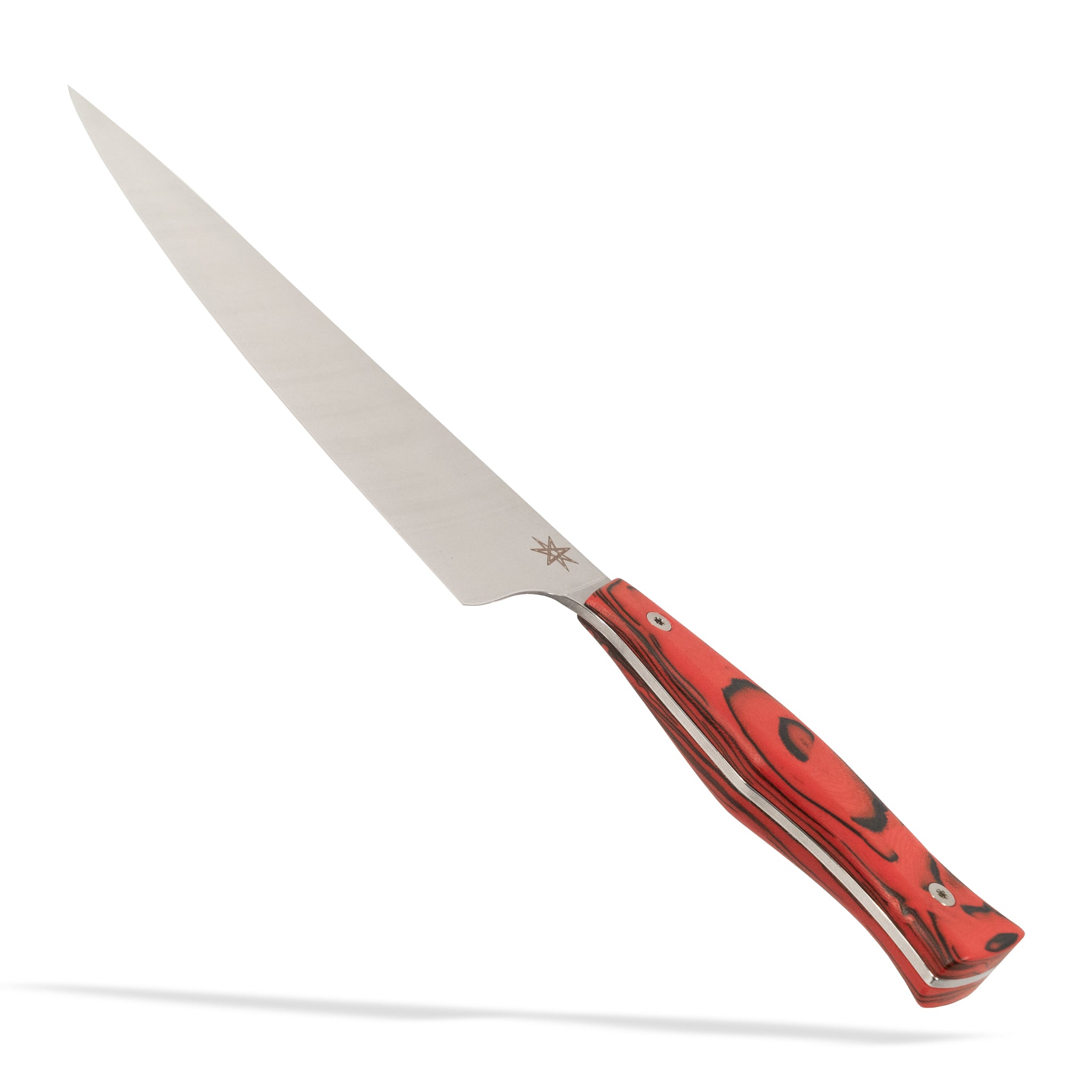 Detail view of Town Cutler Culinary 2.0 8.5" chef knife with red and black burl g-10 handle and stainless steel blade.