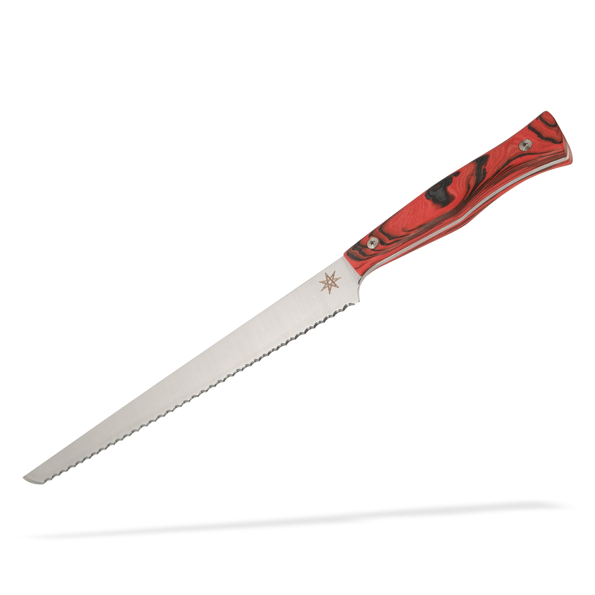 Detail view of Town Cutler Culinary 2.0 bread knife with red and black burl g-10 handle and stainless steel blade.