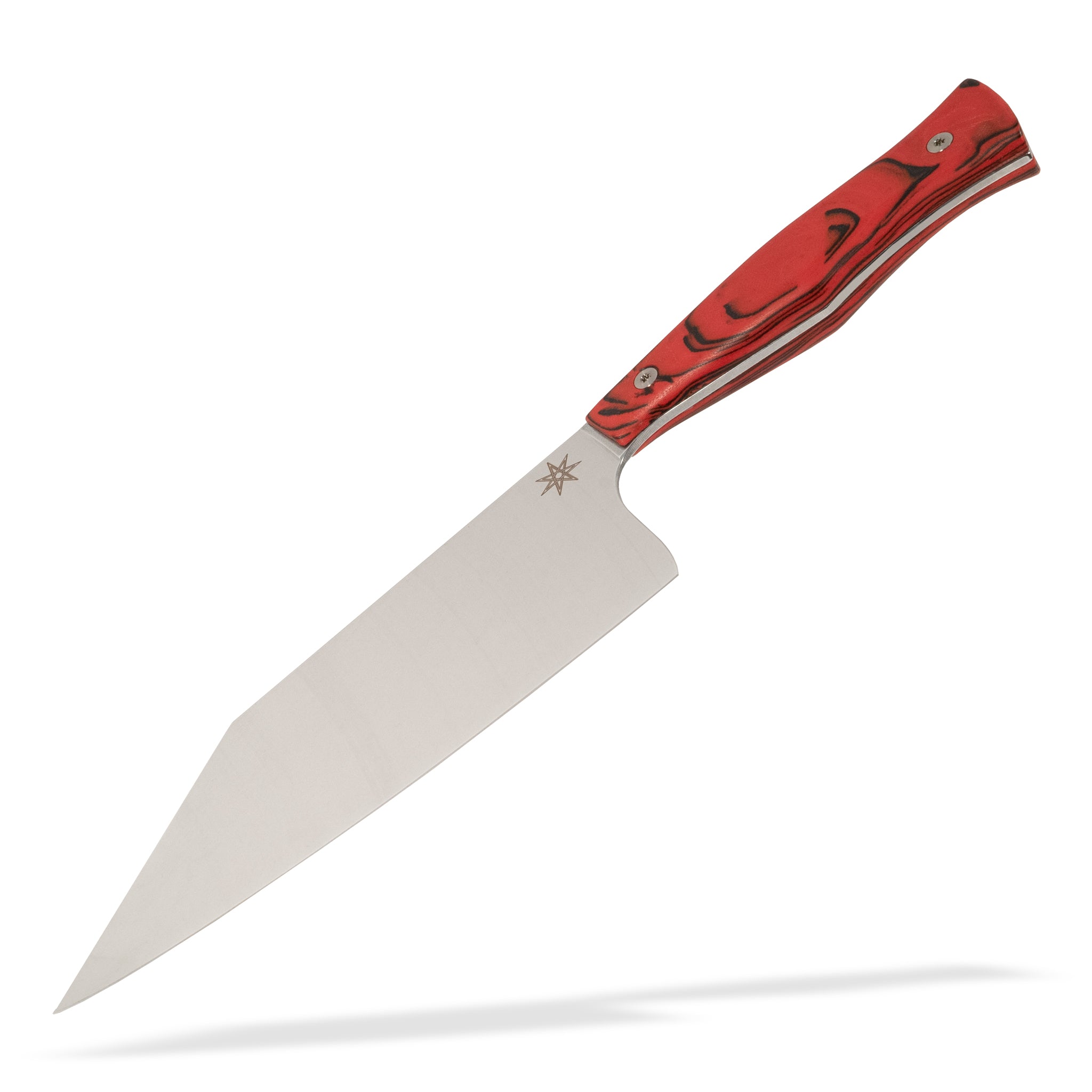 Detail view of Town Cutler Culinary 2.0 chopper kitchen knife with red and black burl g-10 handle and stainless steel blade.