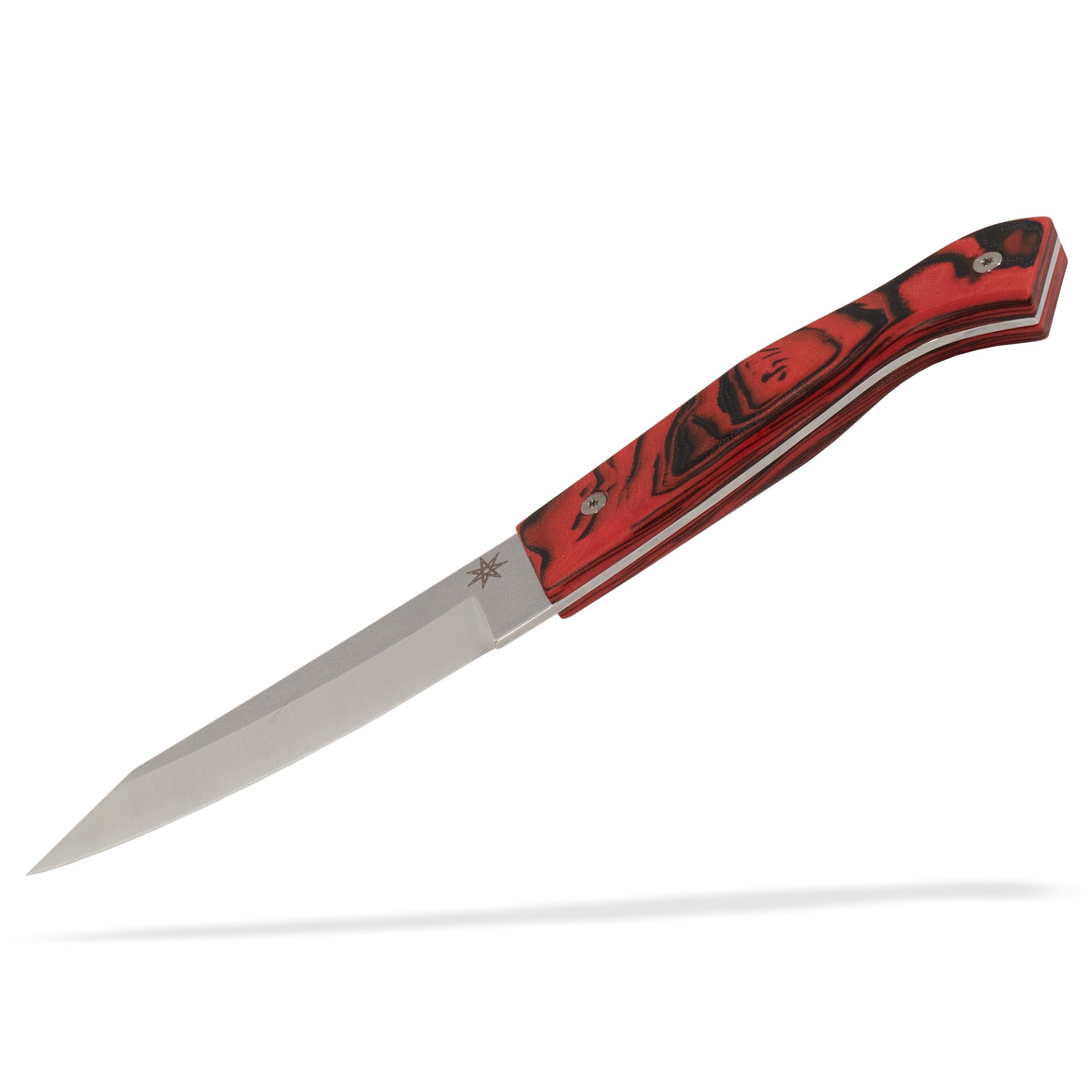 Detail view of Town Cutler Culinary 2.0 hankotsu butcher knife with red and black burl g-10 handle and stainless steel blade.