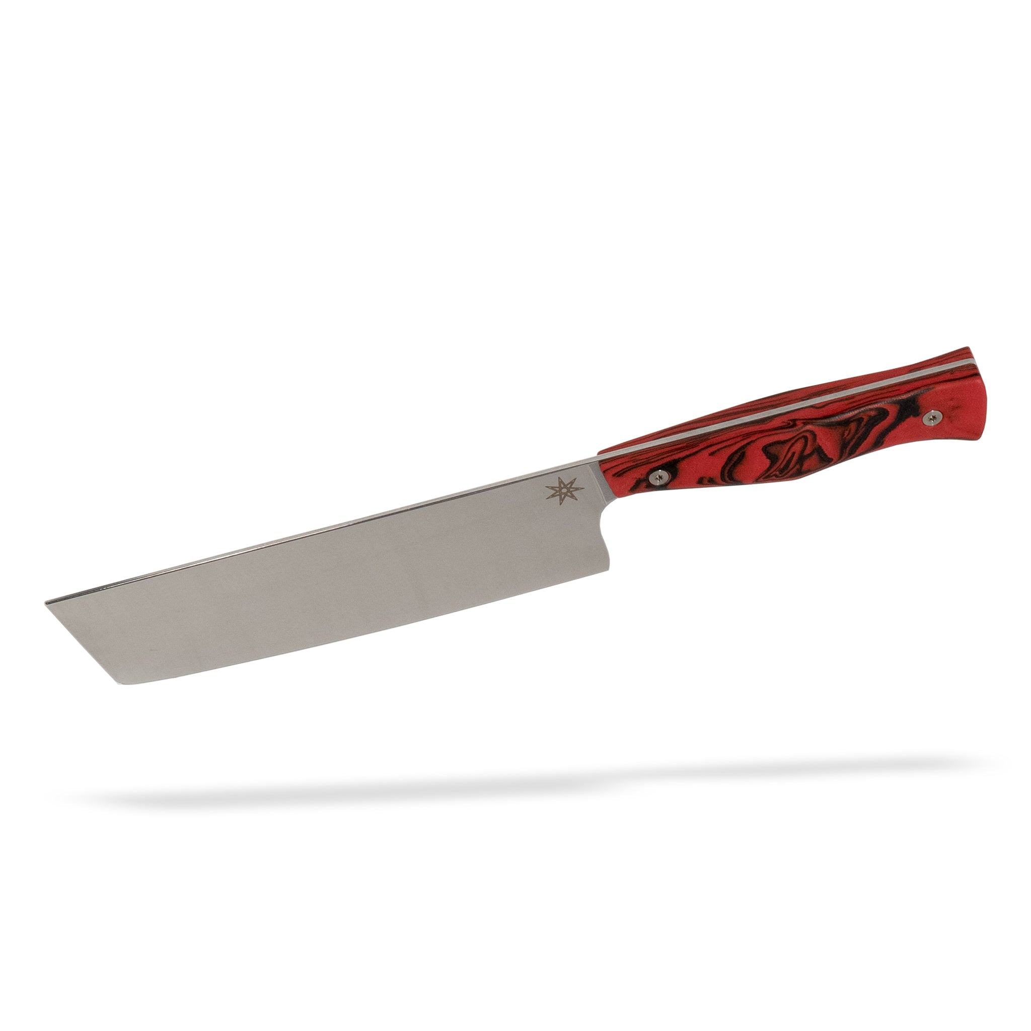 Detail view of Town Cutler Culinary 2.0 nakiri vegetable knife with red and black burl g-10 handle and stainless steel blade.