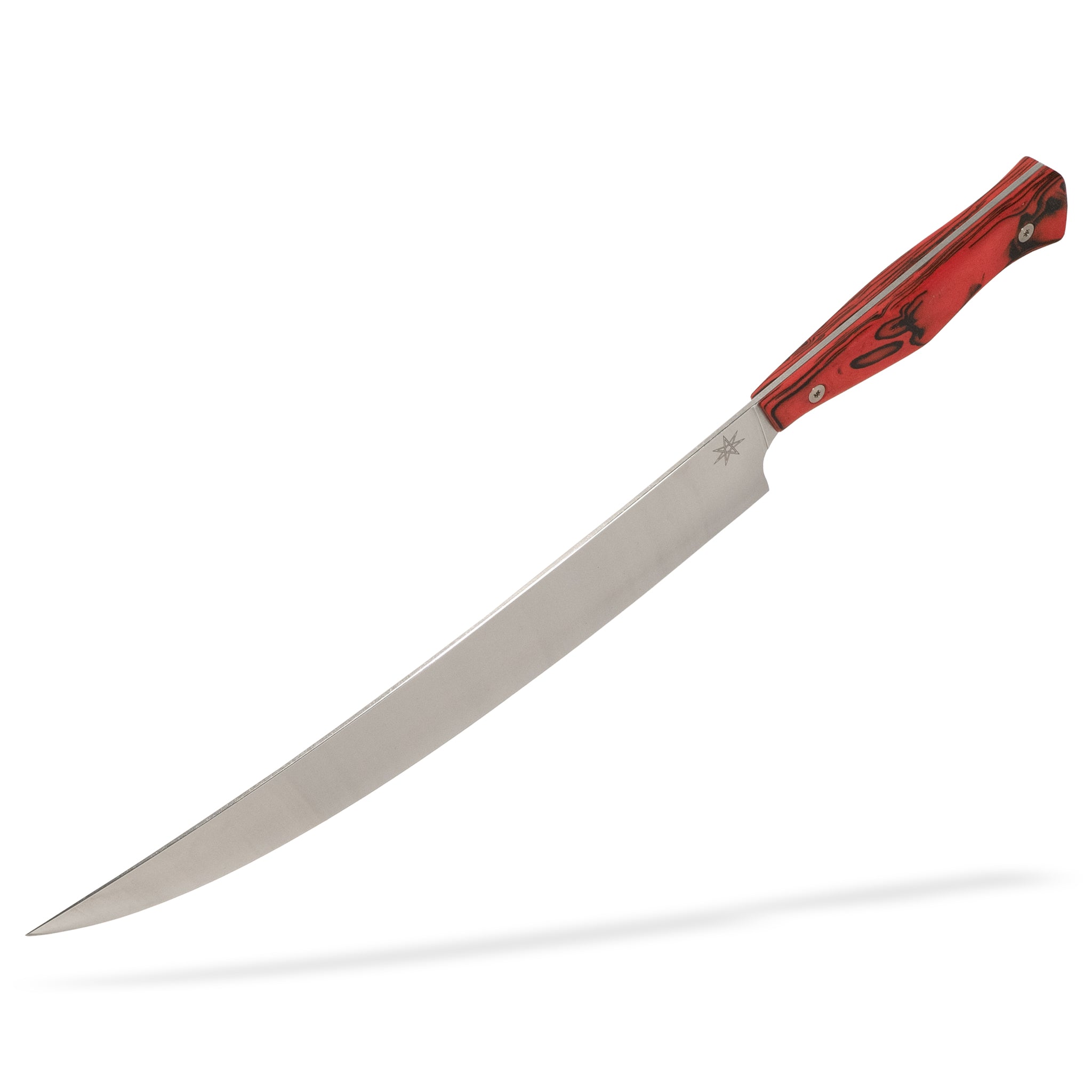 Detail view of Town Cutler Culinary 2.0 Scimitar butcher knife with red and black burl g-10 handle and stainless steel blade.