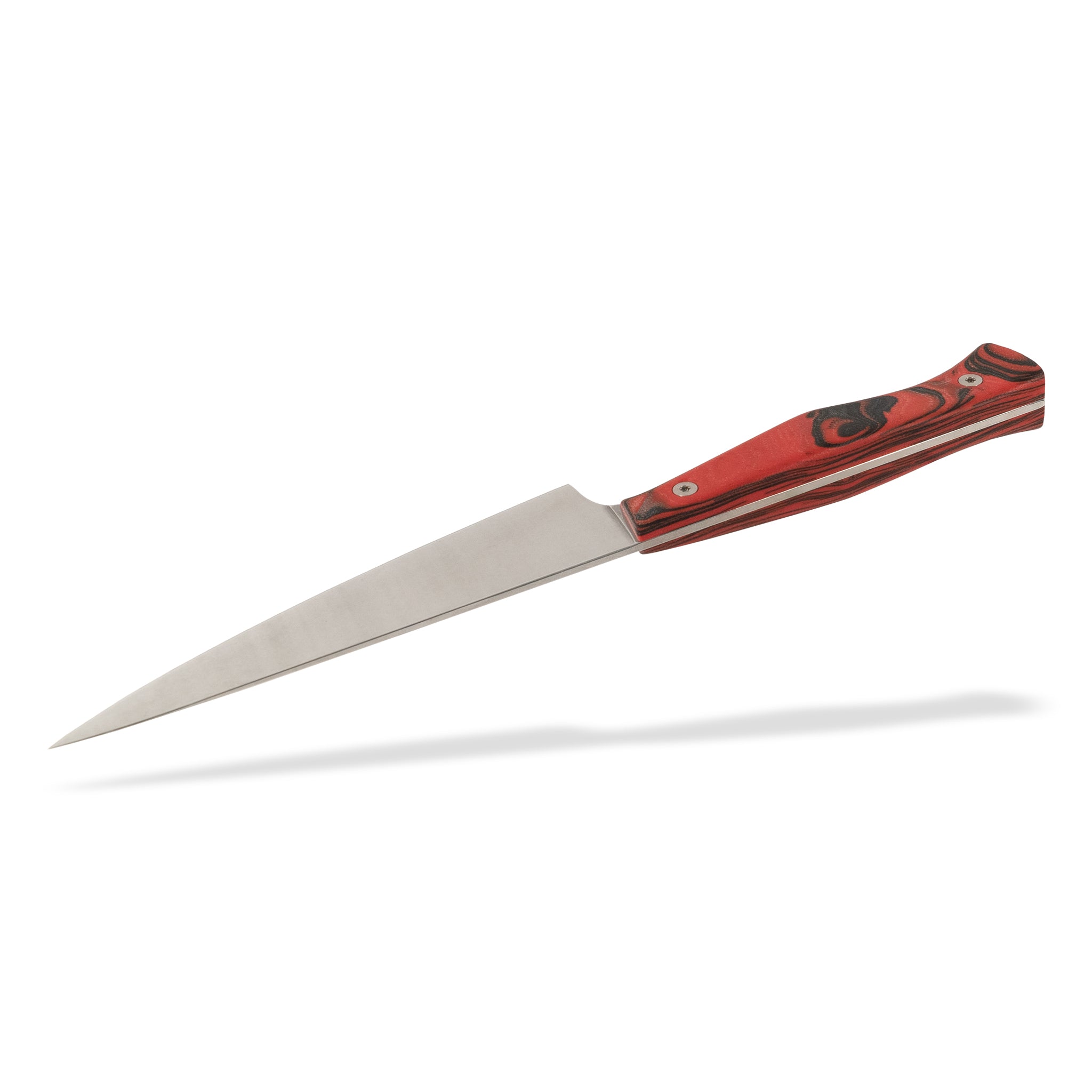 Detail view of Town Cutler Culinary 2.0 kitchen utility petty knife with red and black burl g-10 handle and stainless steel blade.