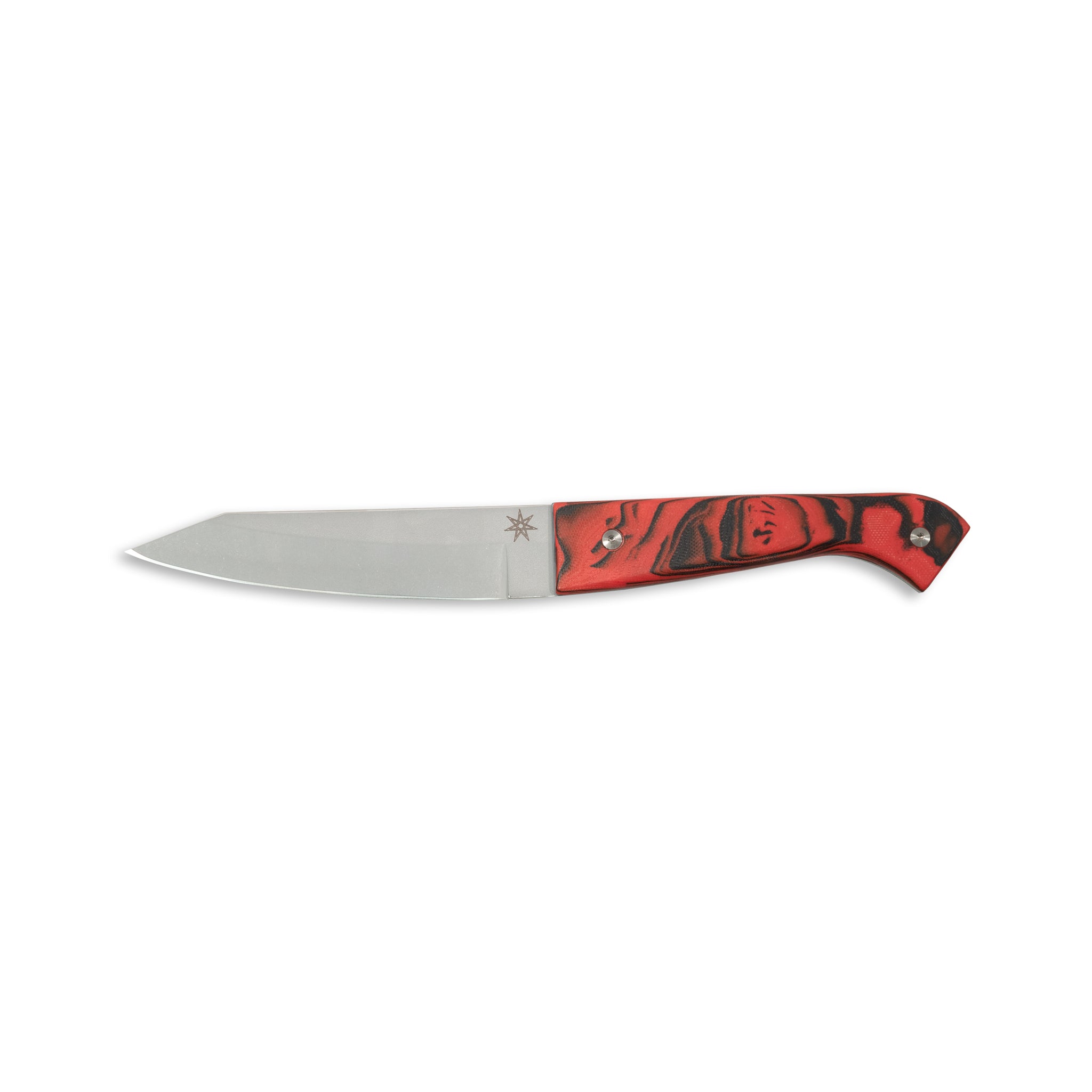 Stainless steel hankotsu boning knife with Red and Black Burl G-10 handle.