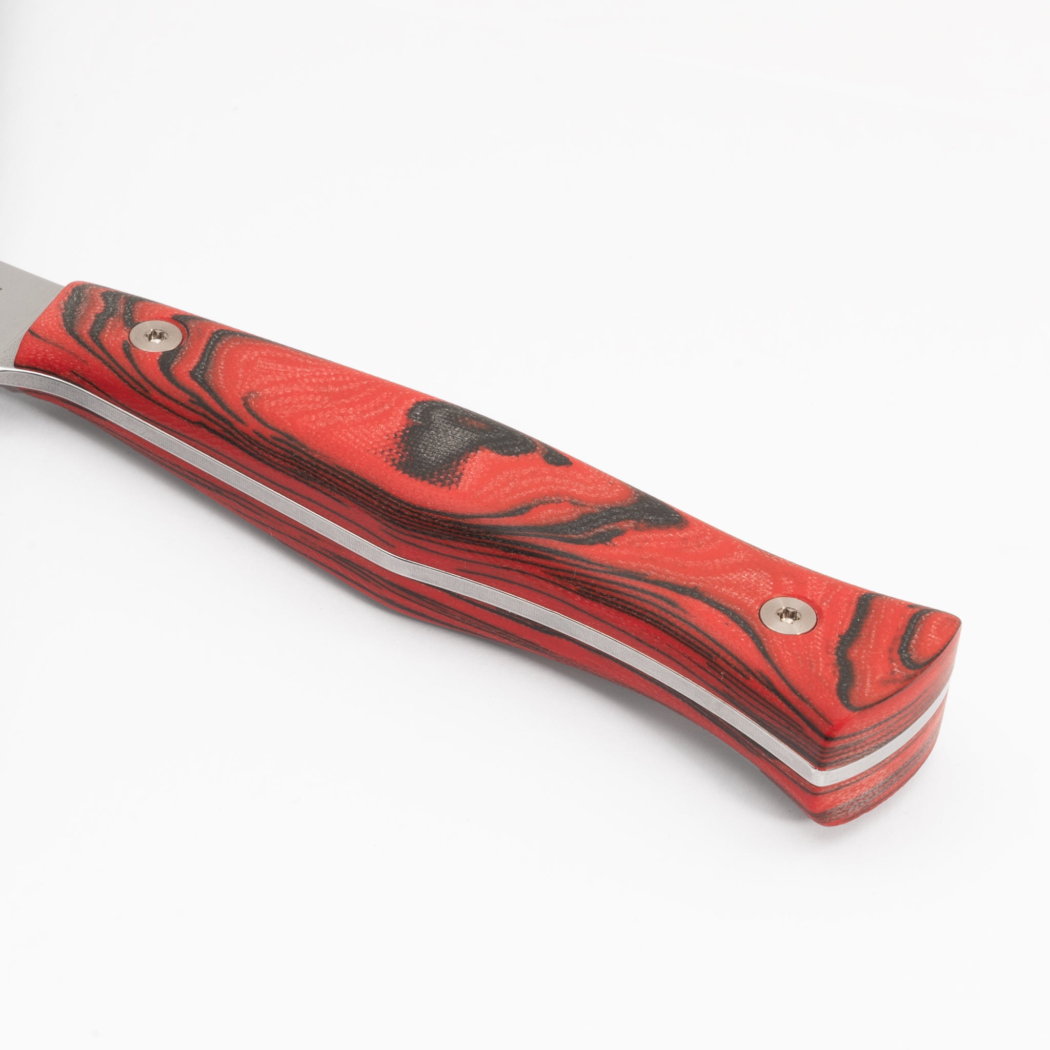 Detail view of knife handle from Town Cutler Culinary 2.0 knife line with red and black burl g-10 handle.