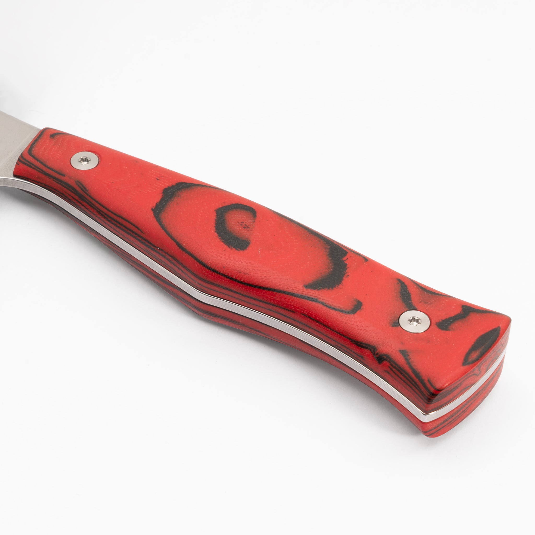Detail view of knife handle from Town Cutler Culinary 2.0 knife line with red and black burl g-10 handle.