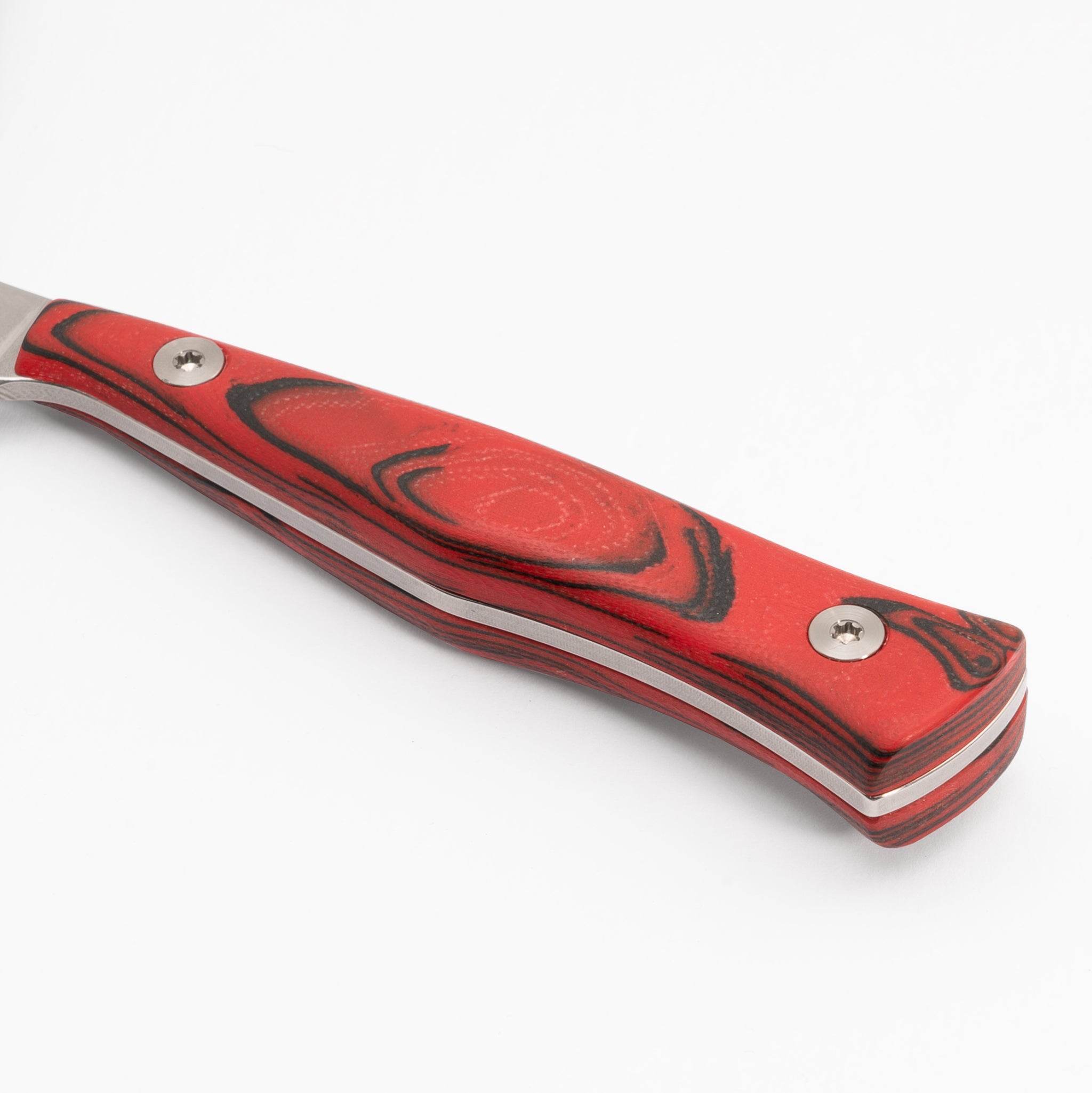 Detail view of paring knife handle from Town Cutler Culinary 2.0 knife line with red and black burl g-10 handle.