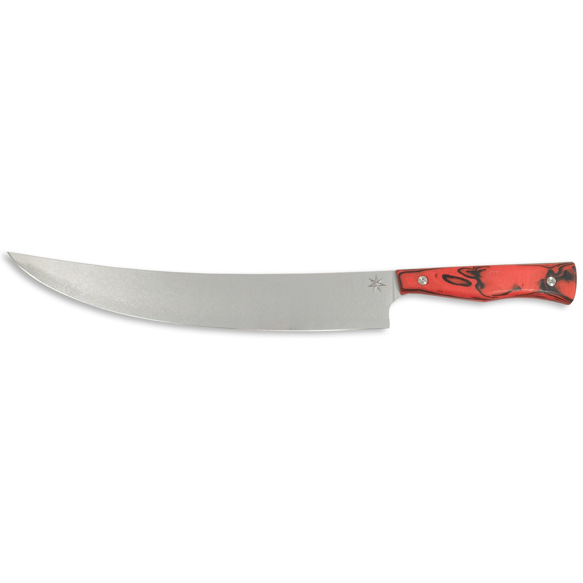 Scimitar butcher knife with stainless steel blade and red and black handle.