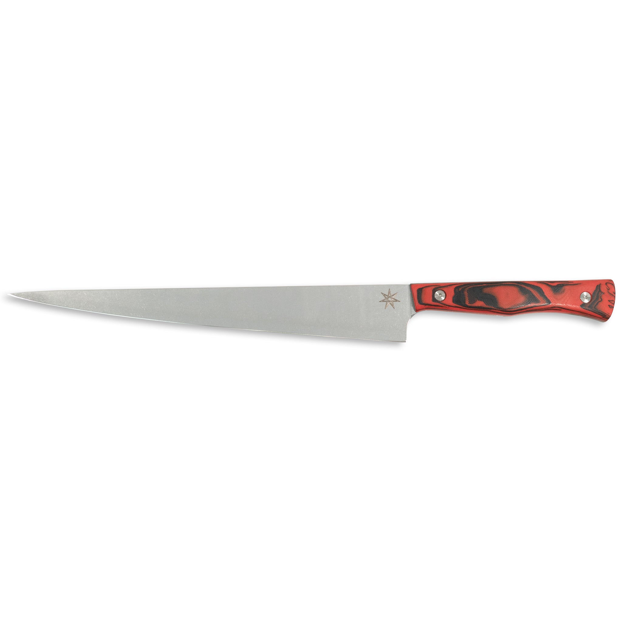 Stainless steel slicer carving knife with a red and black handle.