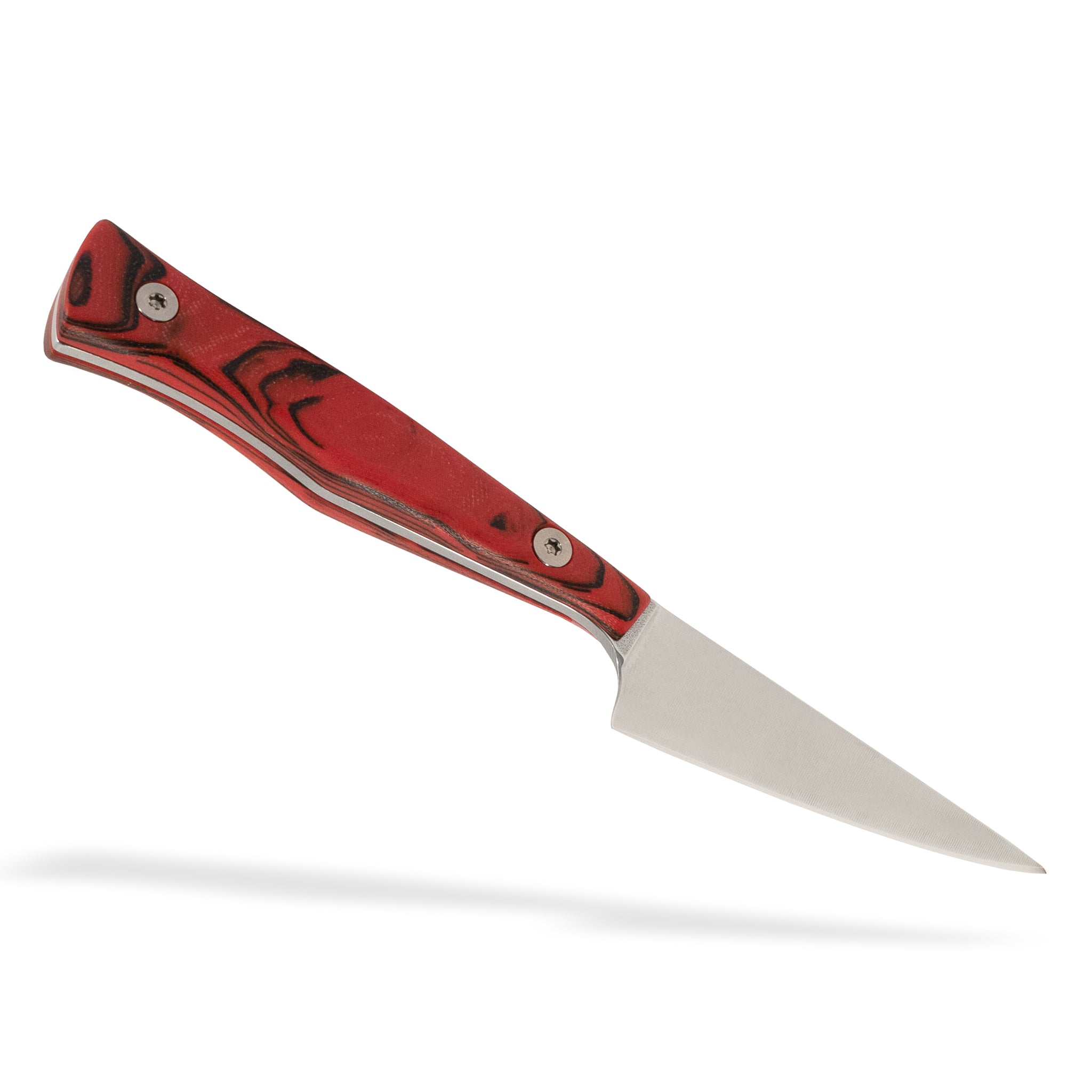 Detail view of Town Cutler Culinary 2.0 kitchen paring knife with red and black burl g-10 handle and stainless steel blade.