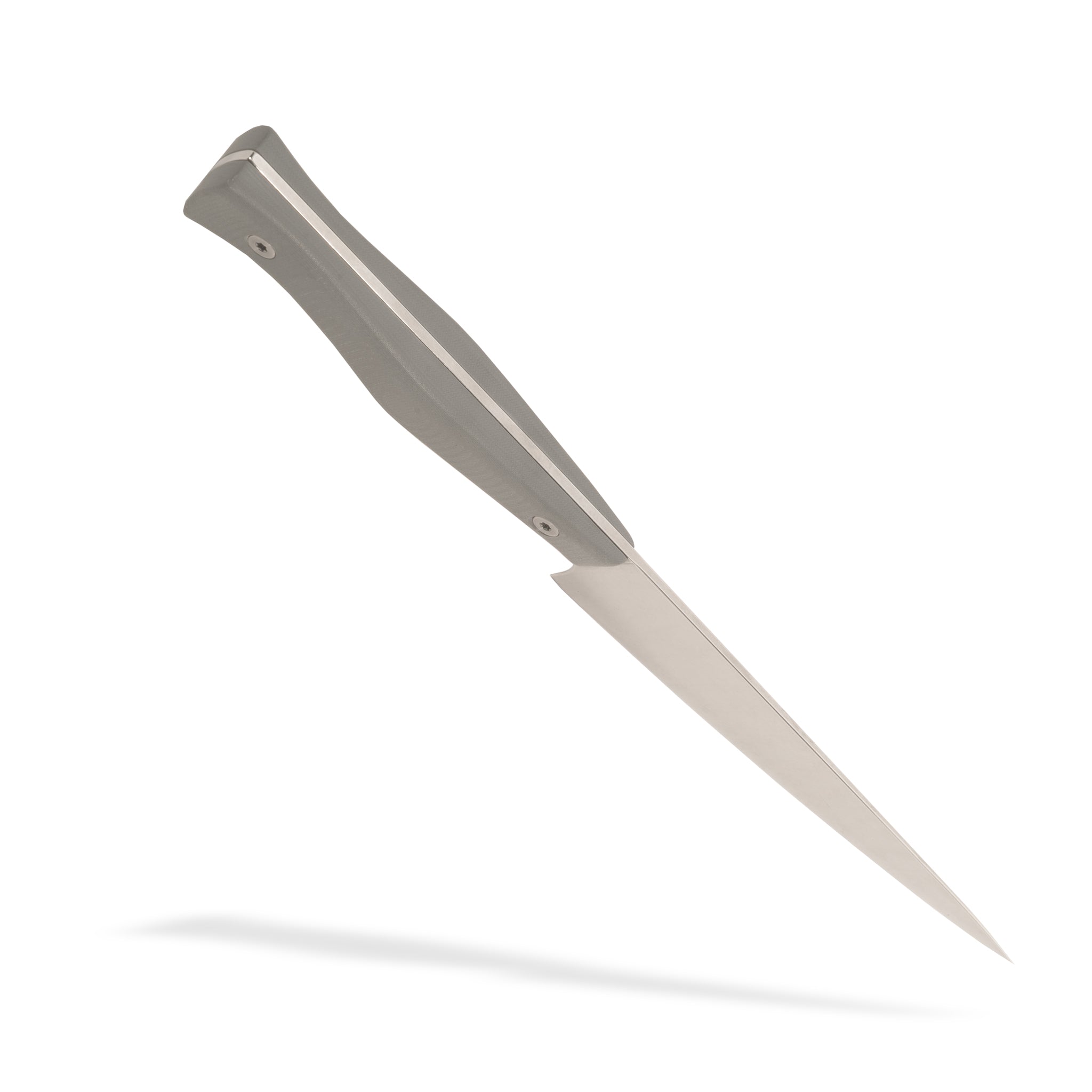 Stainless steel kitchen utility petty knife with gray g-10 handle by Town Cutler.