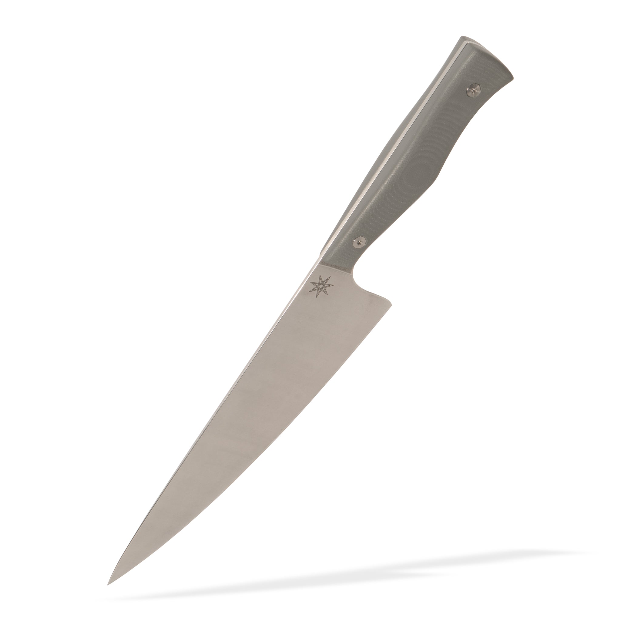Stainless steel 8.5" chef knife with gray g-10 handle by Town Cutler.