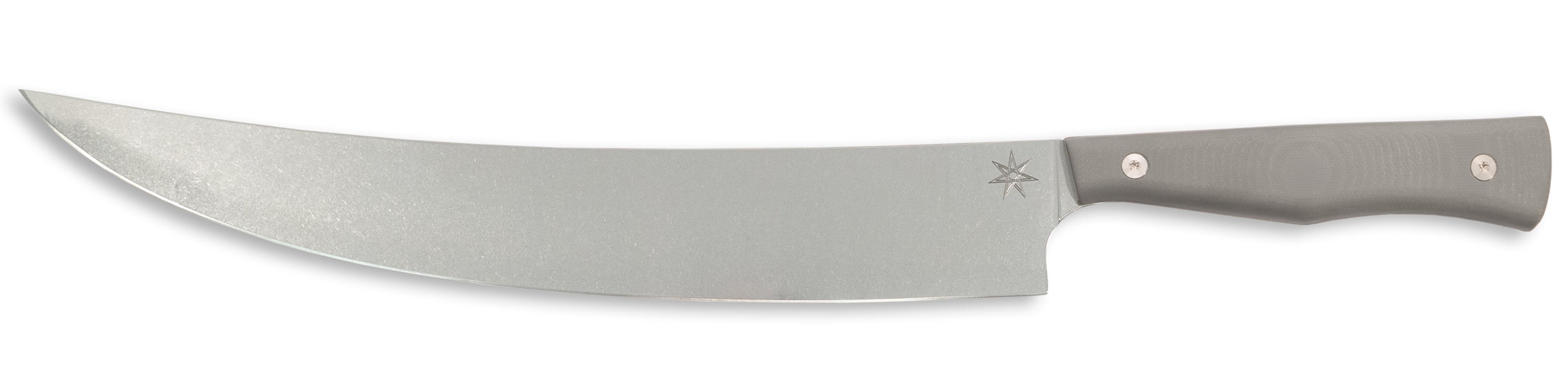 Gray stainless steel kitchen scimitar boning knife