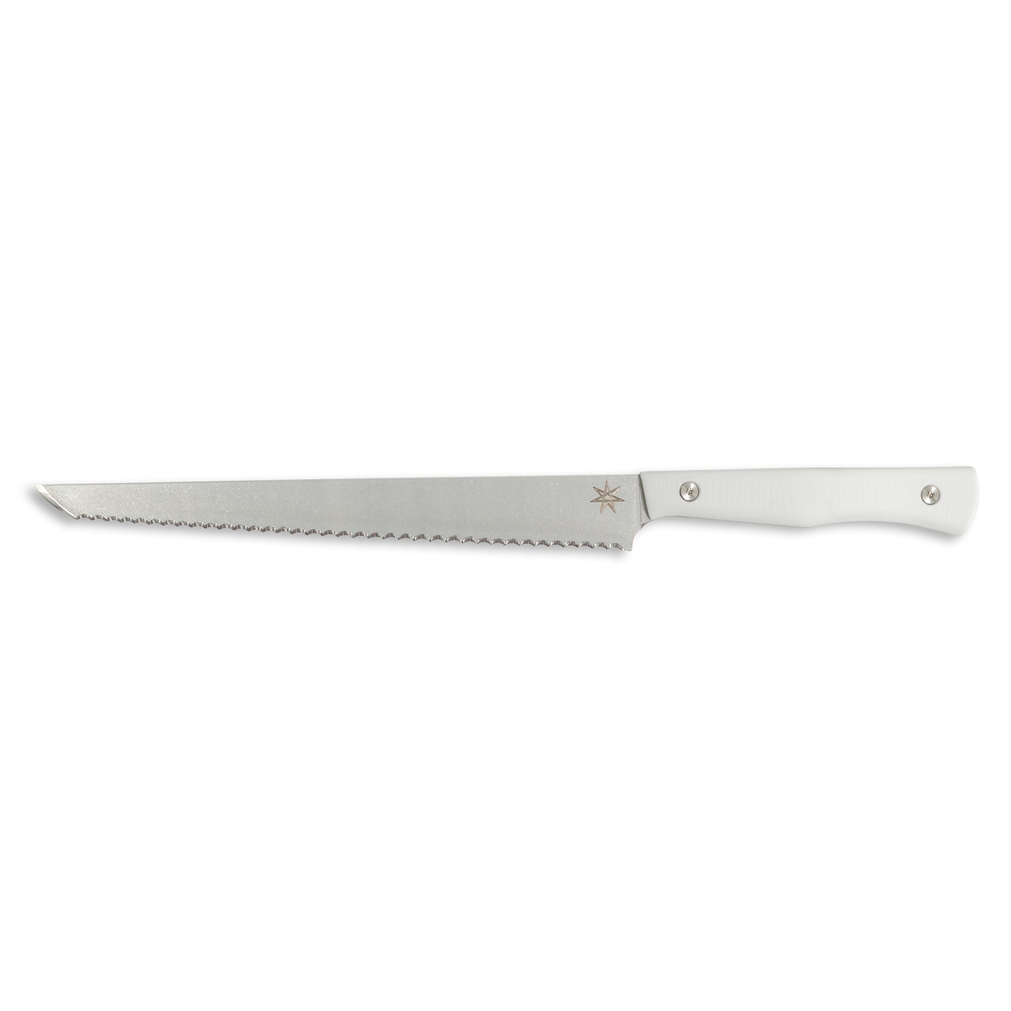 Stainless steel kitchen bread knife with white handle