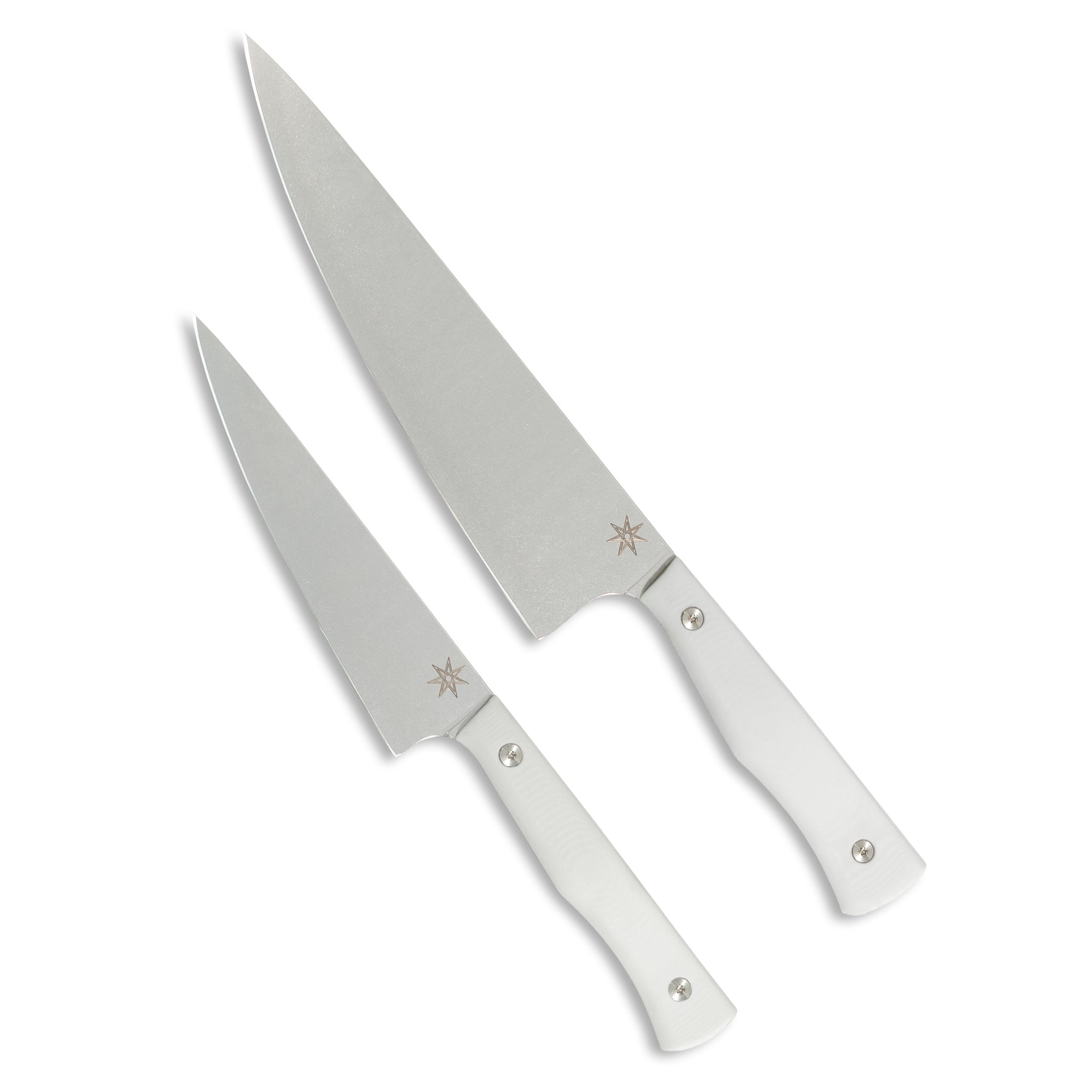 Two piece stainless steel kitchen knife set with white handles