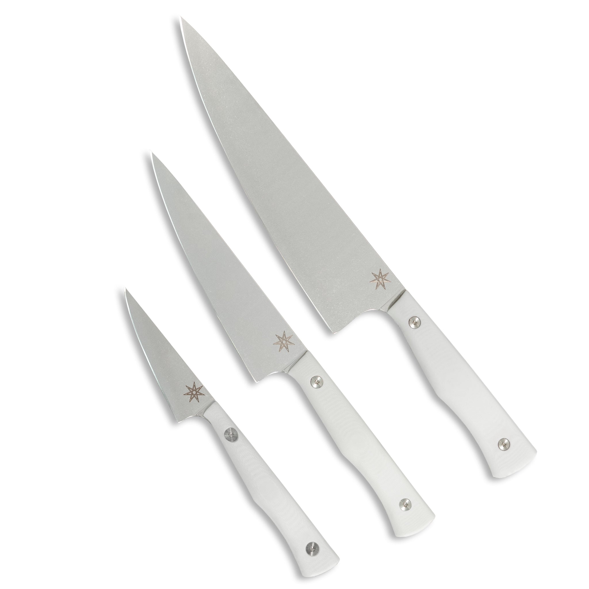 Three piece stainless steel kitchen knife set with white handles