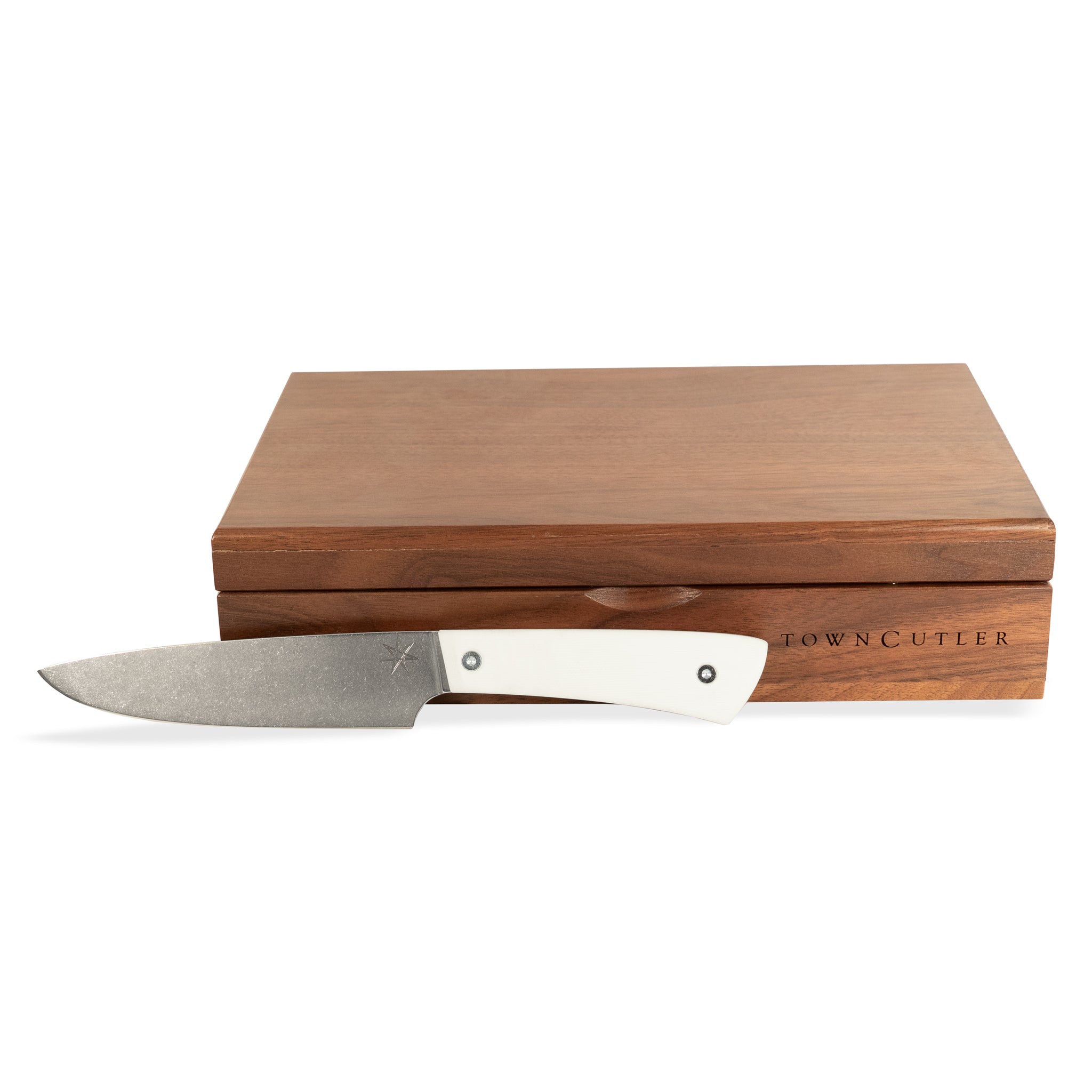 Stainless steel steak knife set with white handle and wood storage box