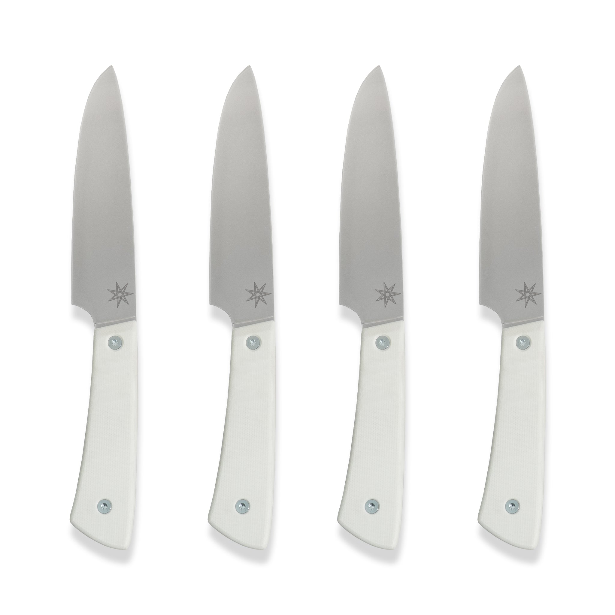 Stainless steel steak knife set with white handles