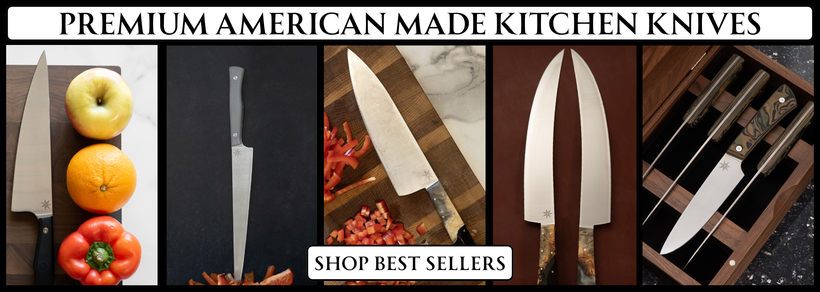 Collage of kitchen knives with fruits and vegetables on a different backgrounds, promoting premium American-made kitchen knives.