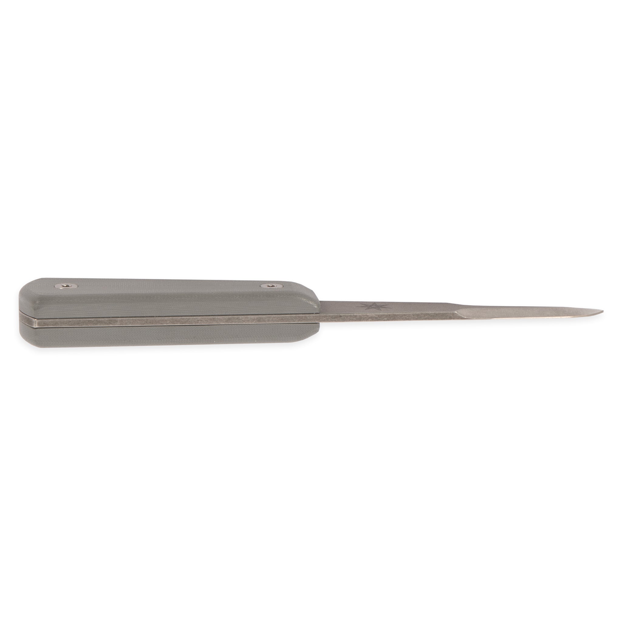 Side view of stainless steel oyster shucker knife with gray g-10 handle.