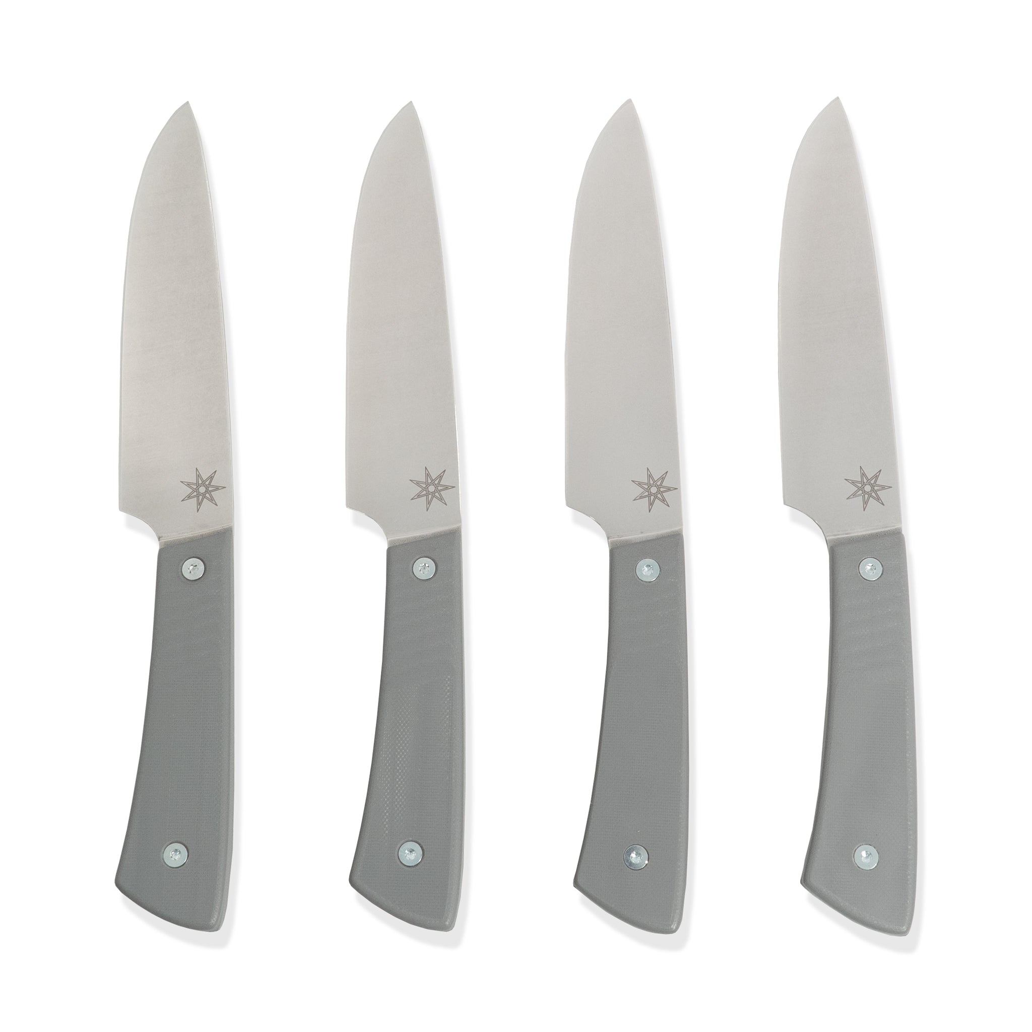 Stainless steel steak knife set with gray handles
