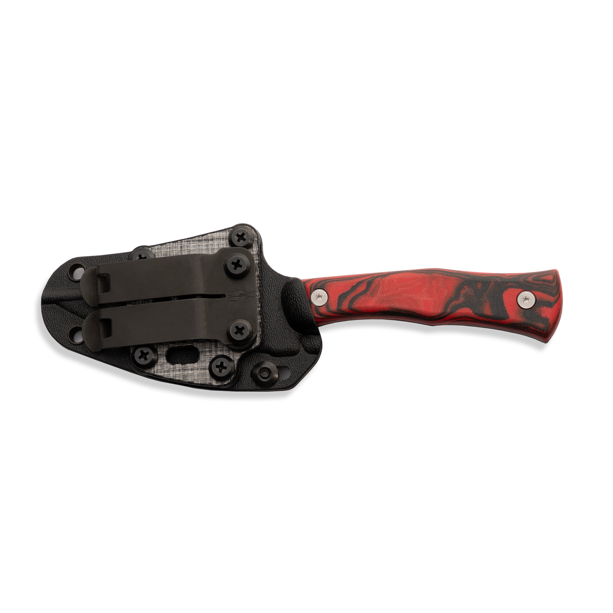 Hunting knife with a red and black handle with a black sheath with a clip on a white background