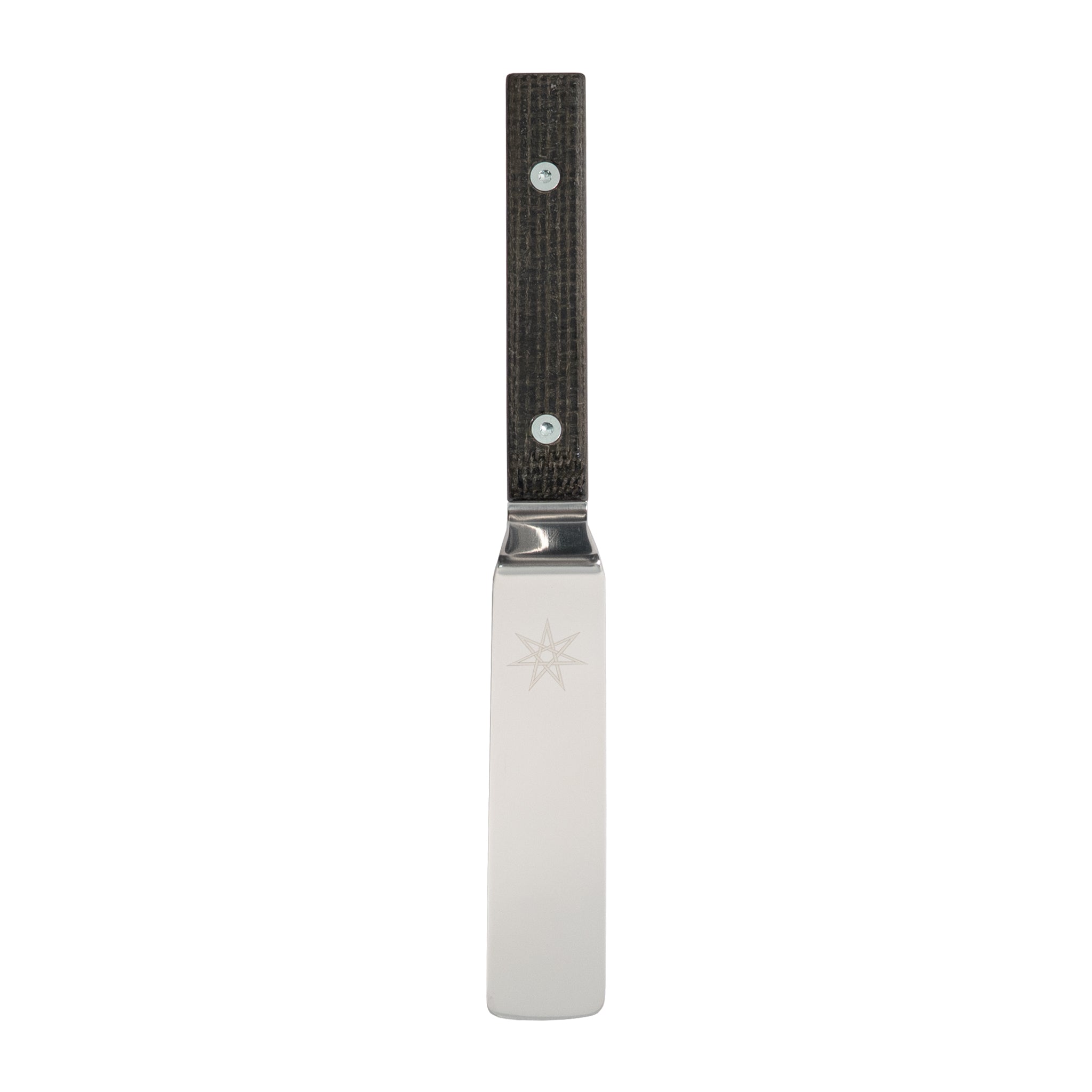 Kitchen spatula palette knife with a black handle on a white background