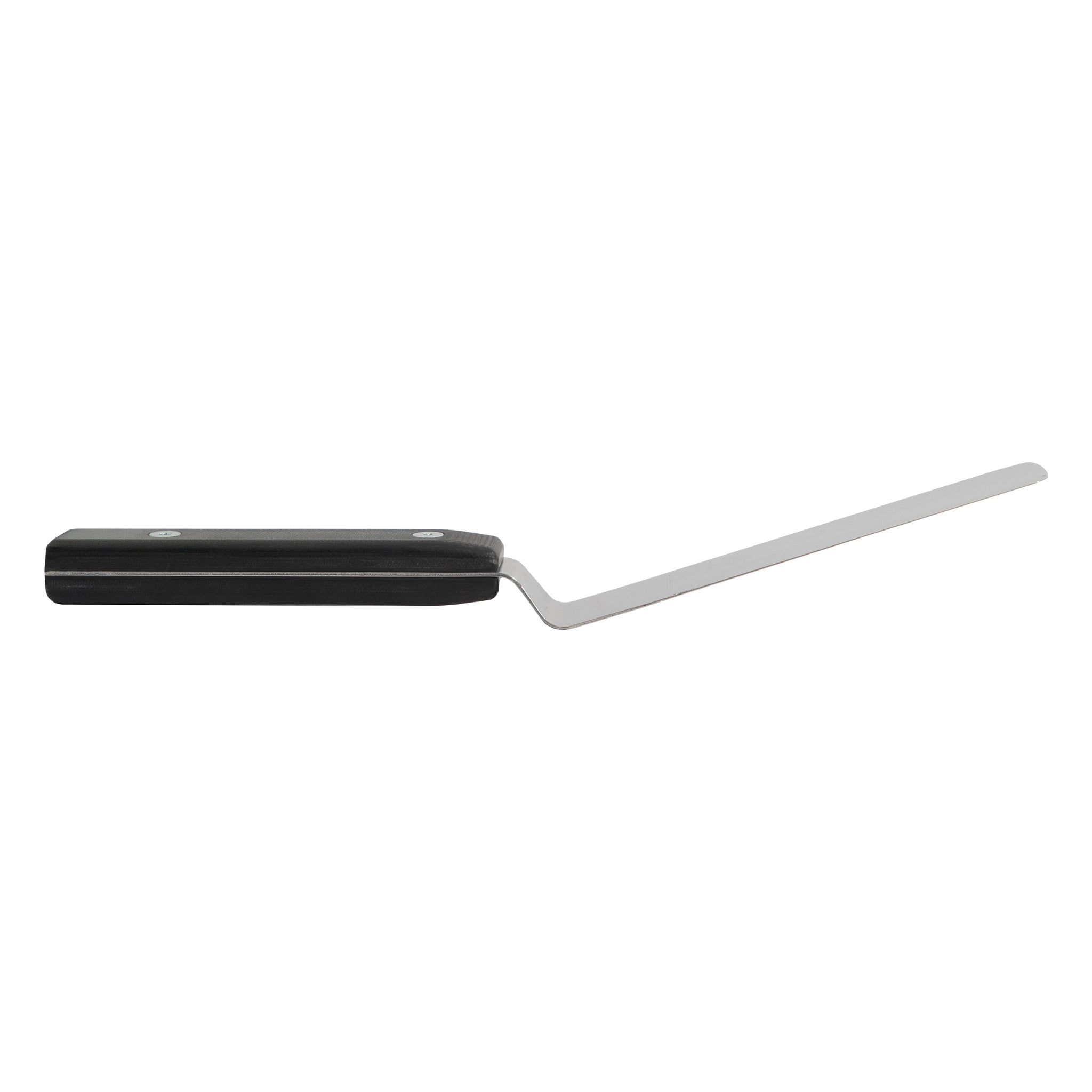 Side view of kitchen offset palette knife spatula with black g-10 handle.