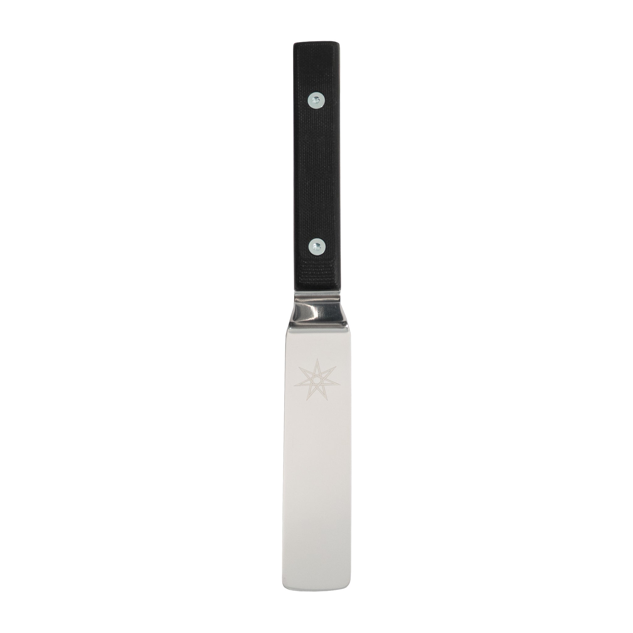 Kitchen offset palette knife spatula with black g-10 handle.