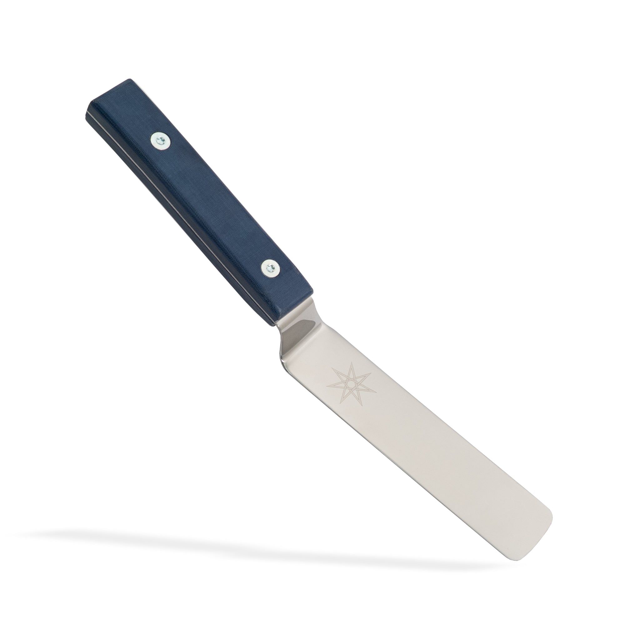 Blue offset palette knife spatula for plating, shaping, spreading, cutting, and serving. Endless uses for this versatile kitchen tool.
