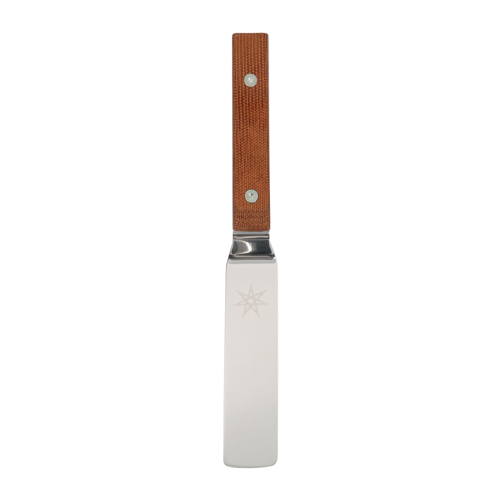 Stainless steel kitchen offset palette knife with natural canvas micarta handle.
