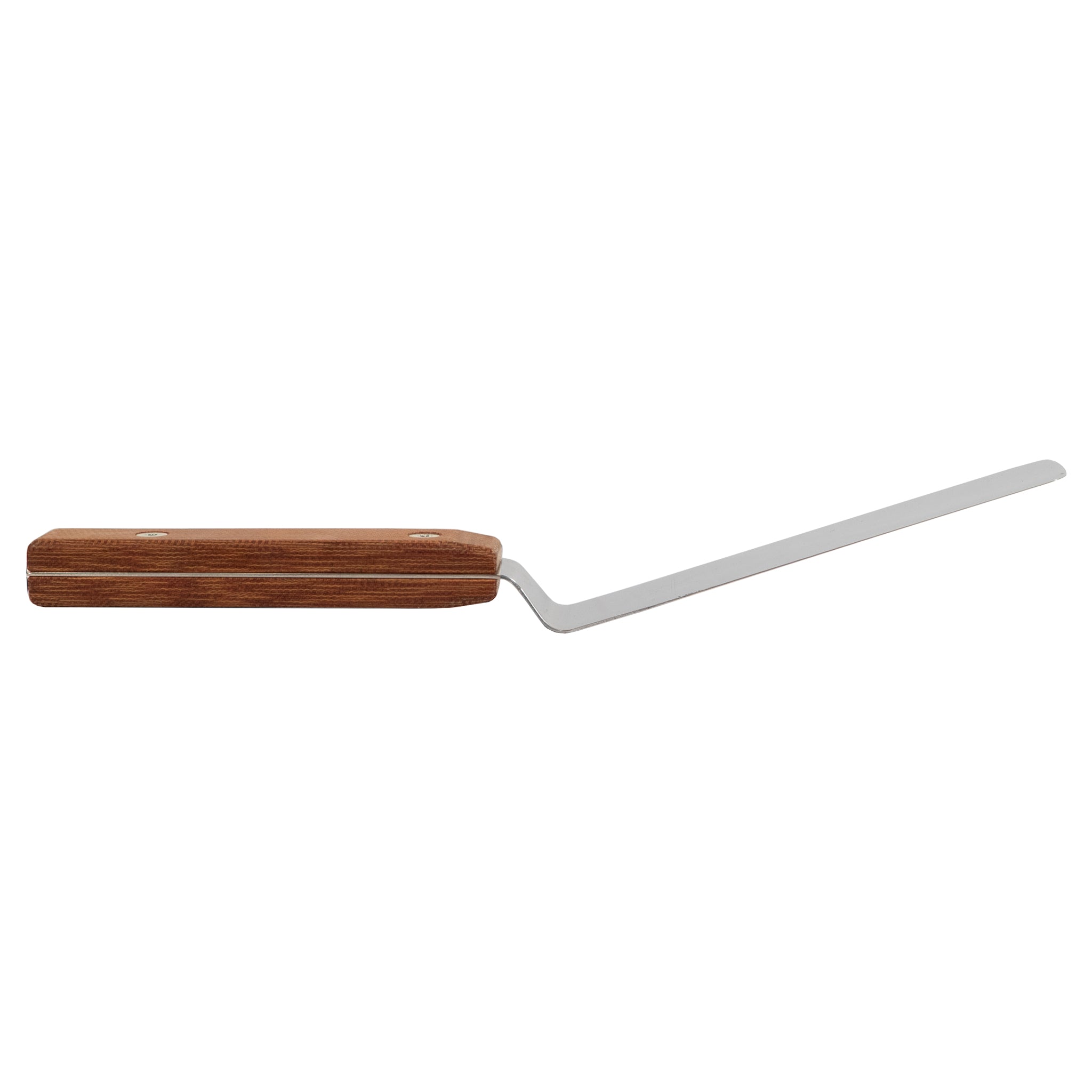 Side view of stainless steel kitchen offset palette knife with natural canvas micarta handle.