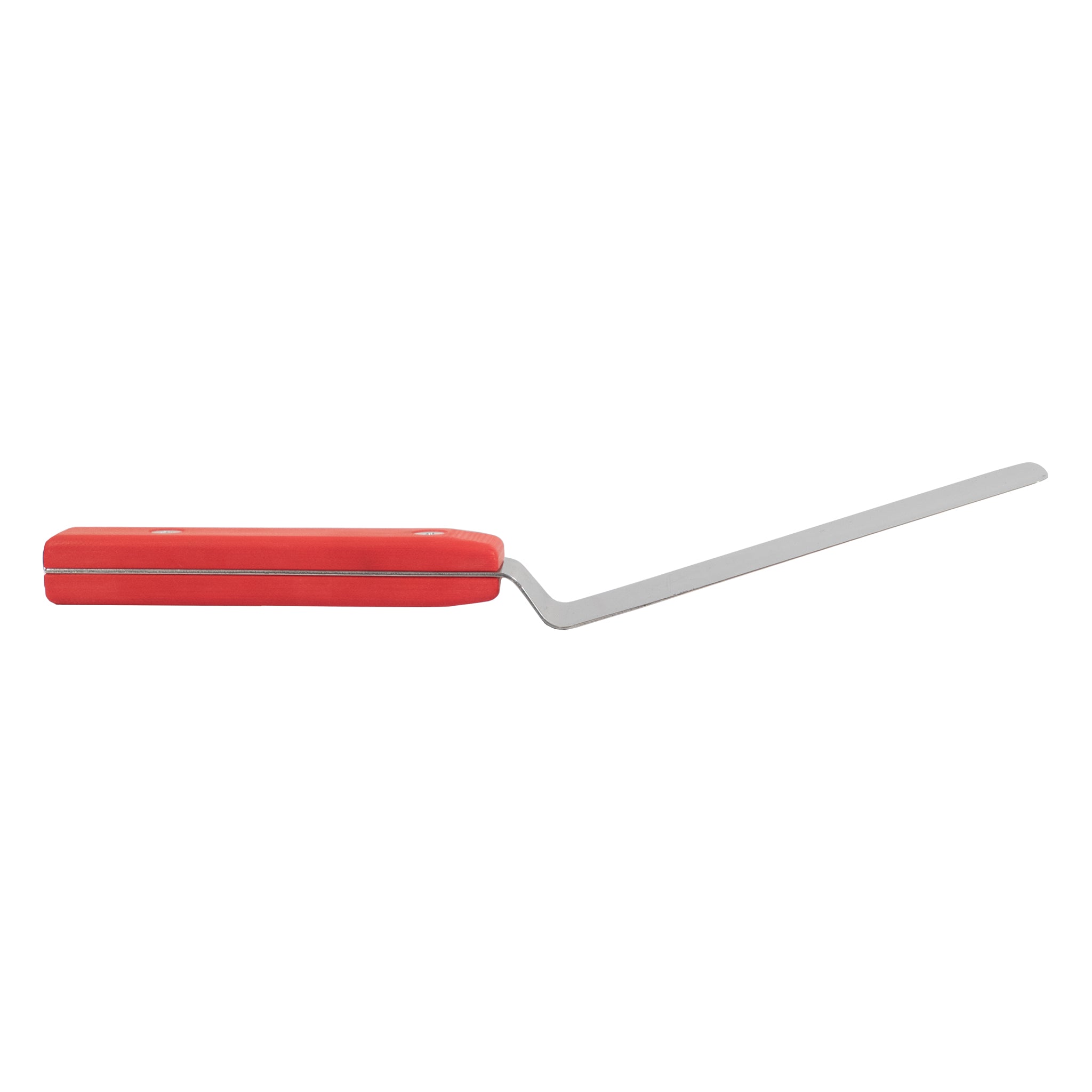 Side view of stainless steel kitchen offset palette knife with red g-10 handle.