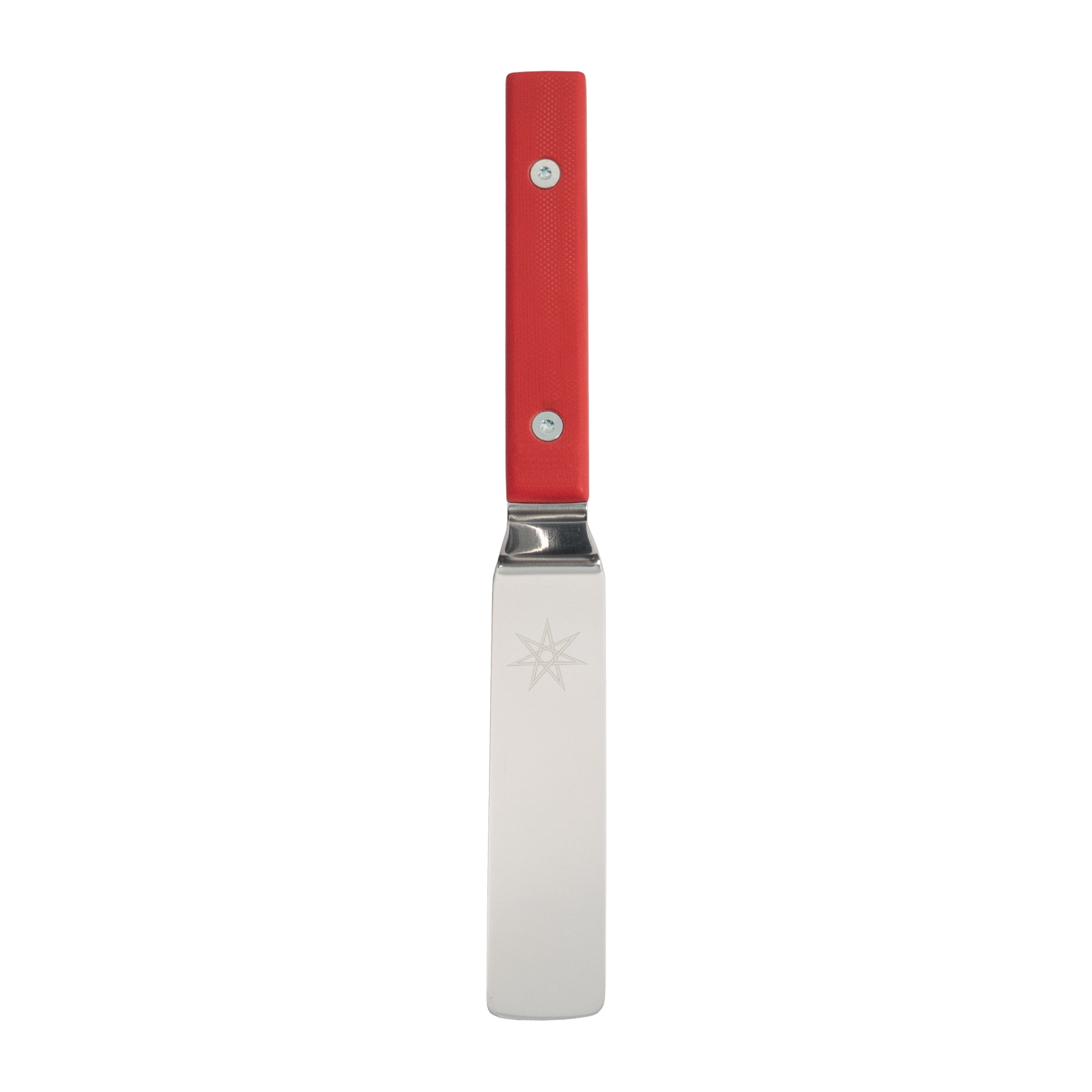 Stainless steel kitchen offset palette knife with red g-10 handle.