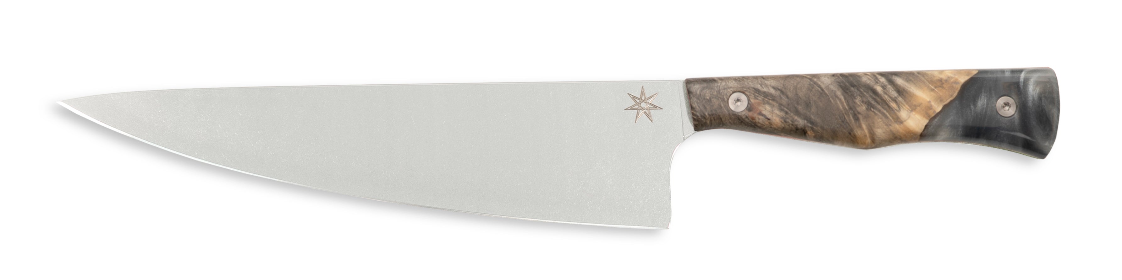 A chef knife with a silver gray resin and wood handle on a white background.