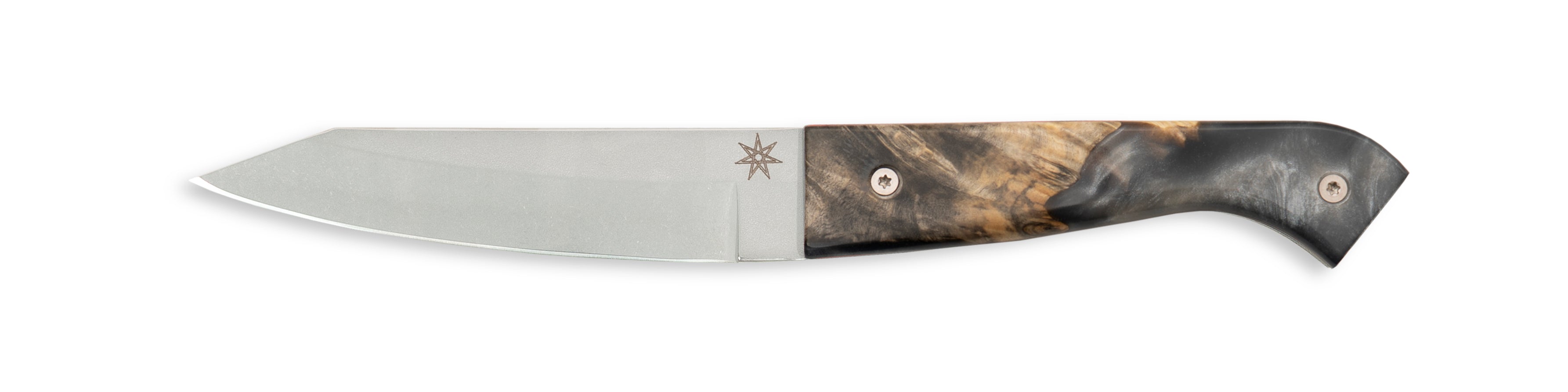 A hankotsu boning knife with a silver gray resin and wood handle on a white background.