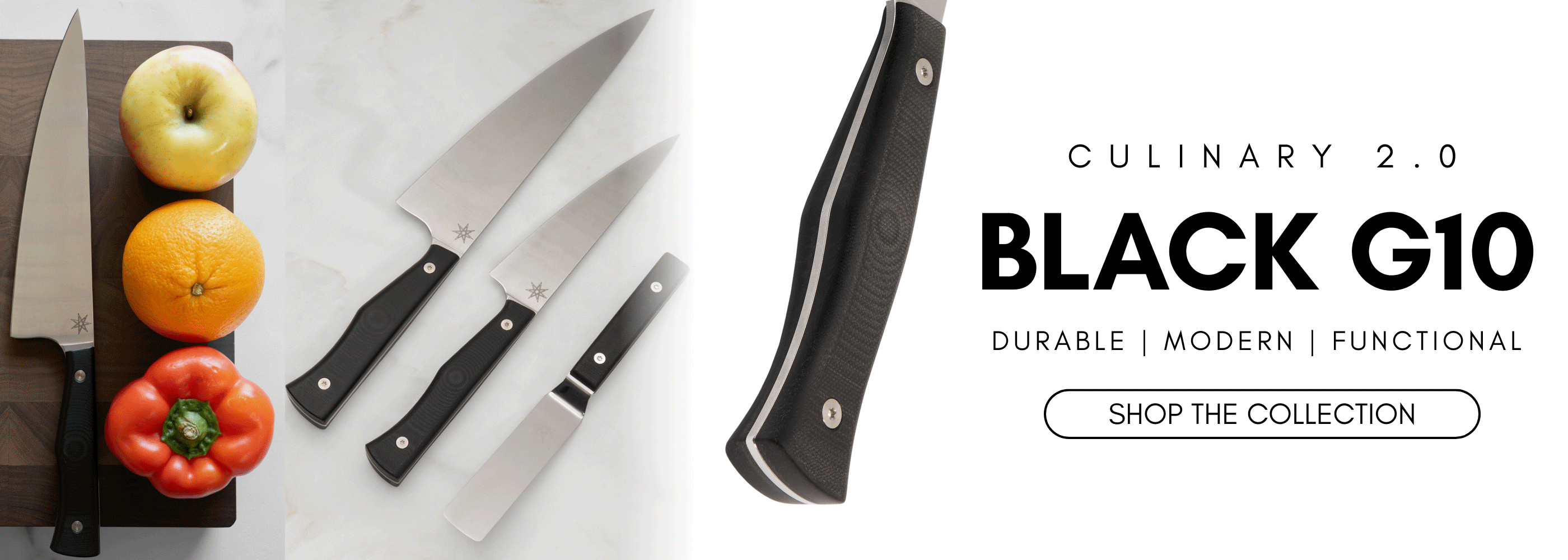 Set of knives with fruits and vegetables on a white background, featuring the text 'Culinary 2.0 Black G10' and 'Shop the Collection'.