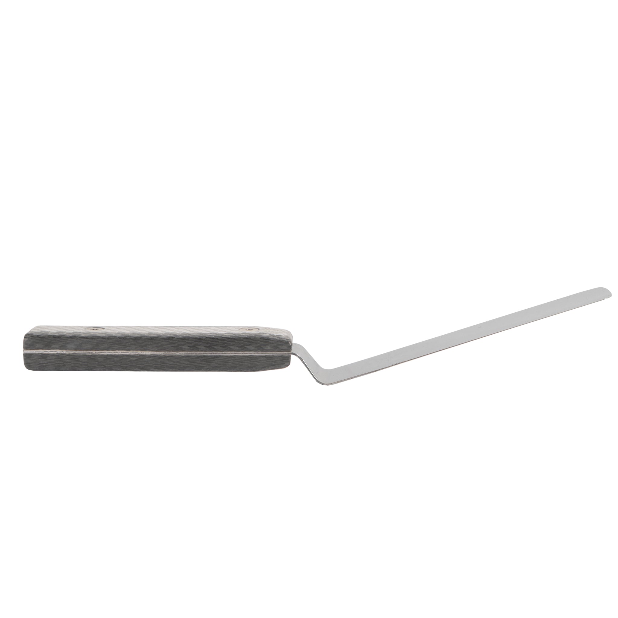 Side view of an offset stainless steel palette knife spatula with silver carbon fiber handle.