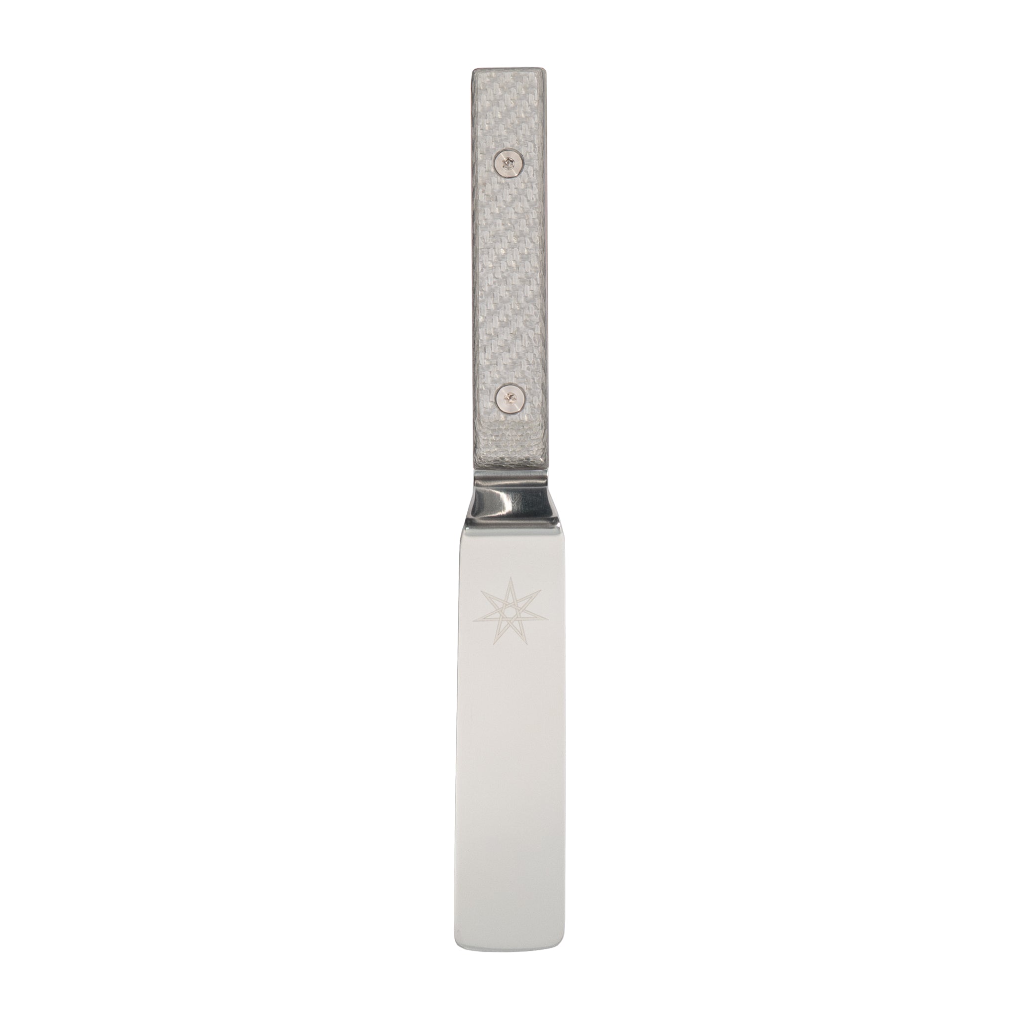 offset stainless steel palette knife spatula with silver carbon fiber handle.