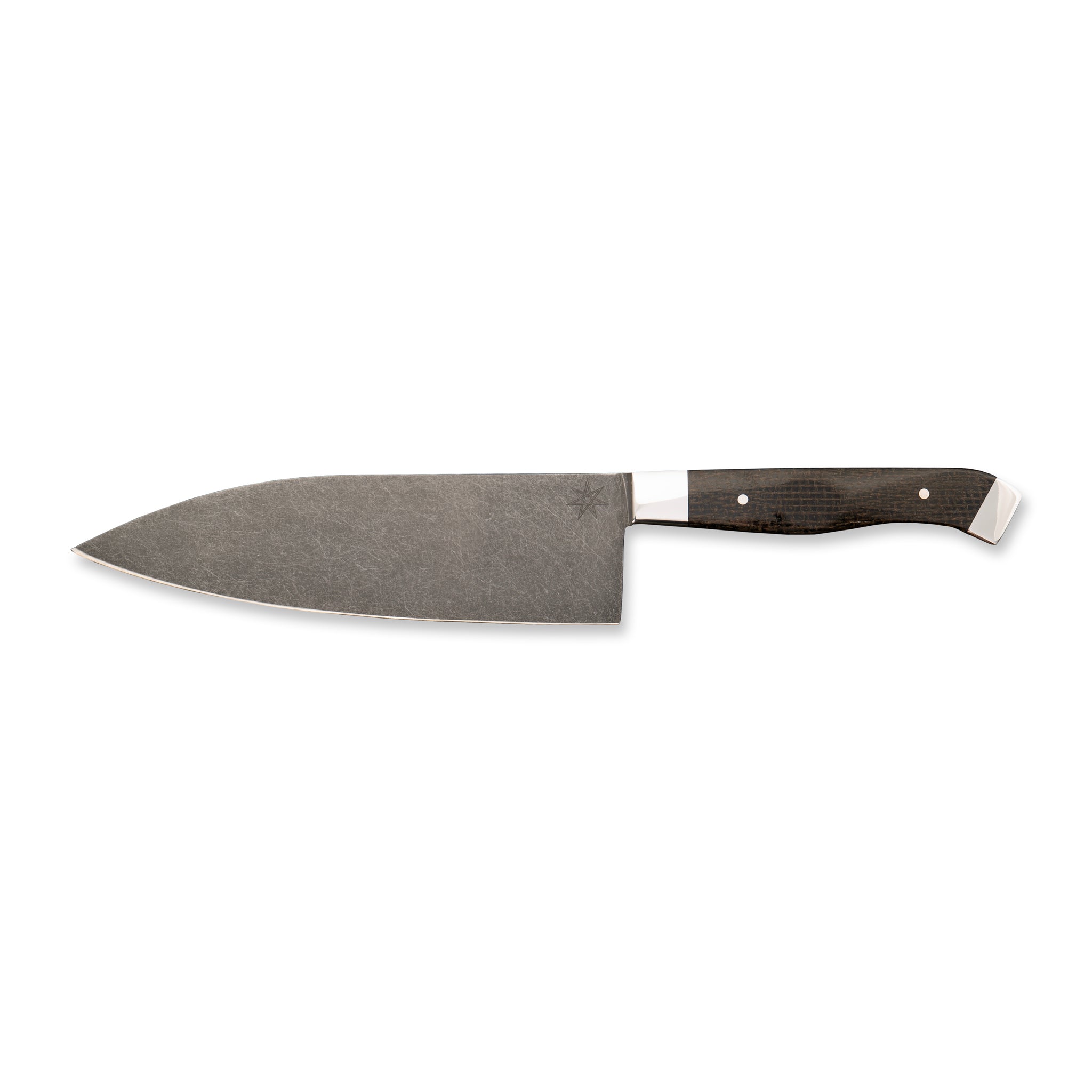 7" Carbon Steel Chef Knife with Stonewash Finish Blade, Black Burlap Micarta Handle, Stainless Steel Bolster and Pommel by Town Cutler